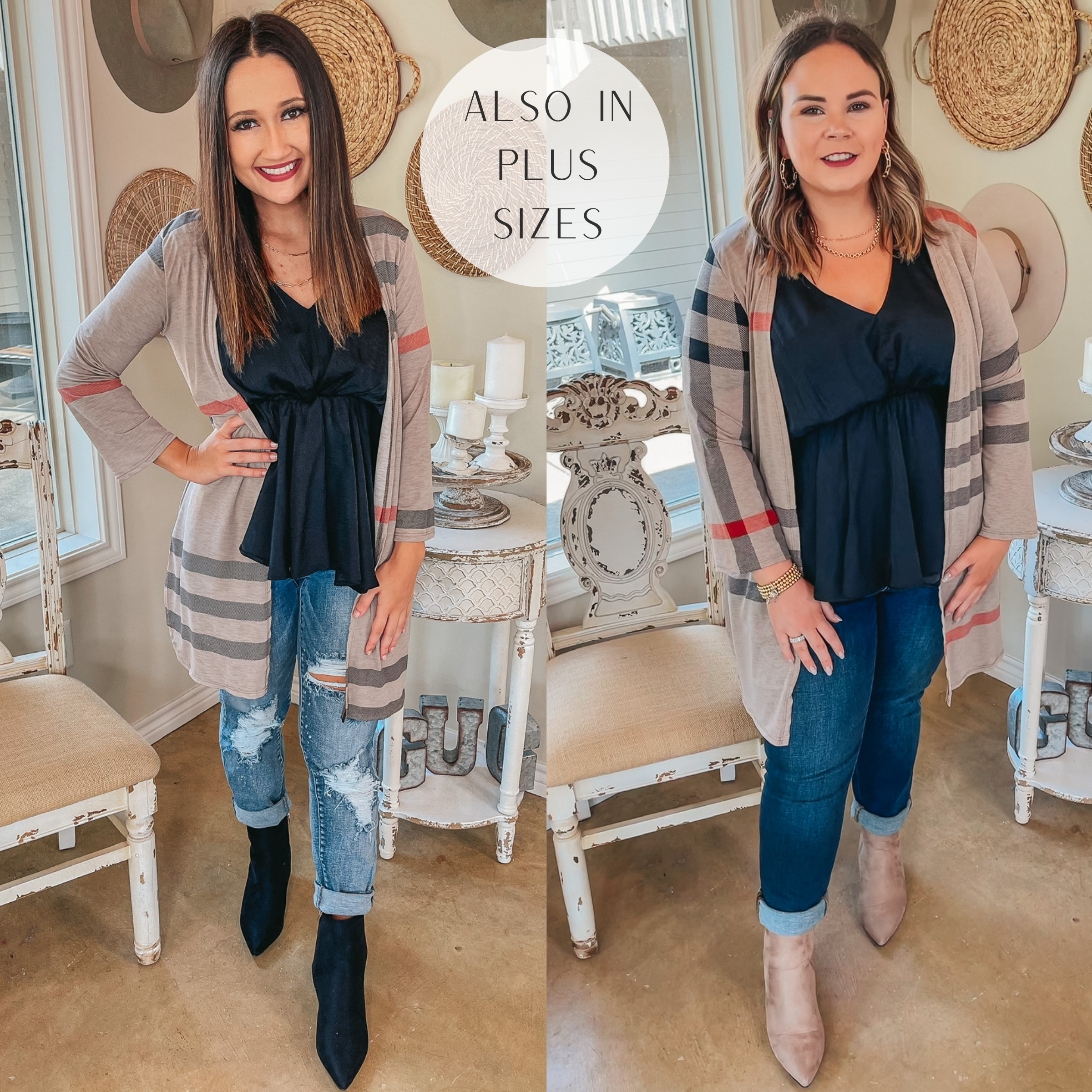 Last Chance Size S, M, & 3XL | All Eyes On You Plaid Cardigan in Taupe - Giddy Up Glamour Boutique