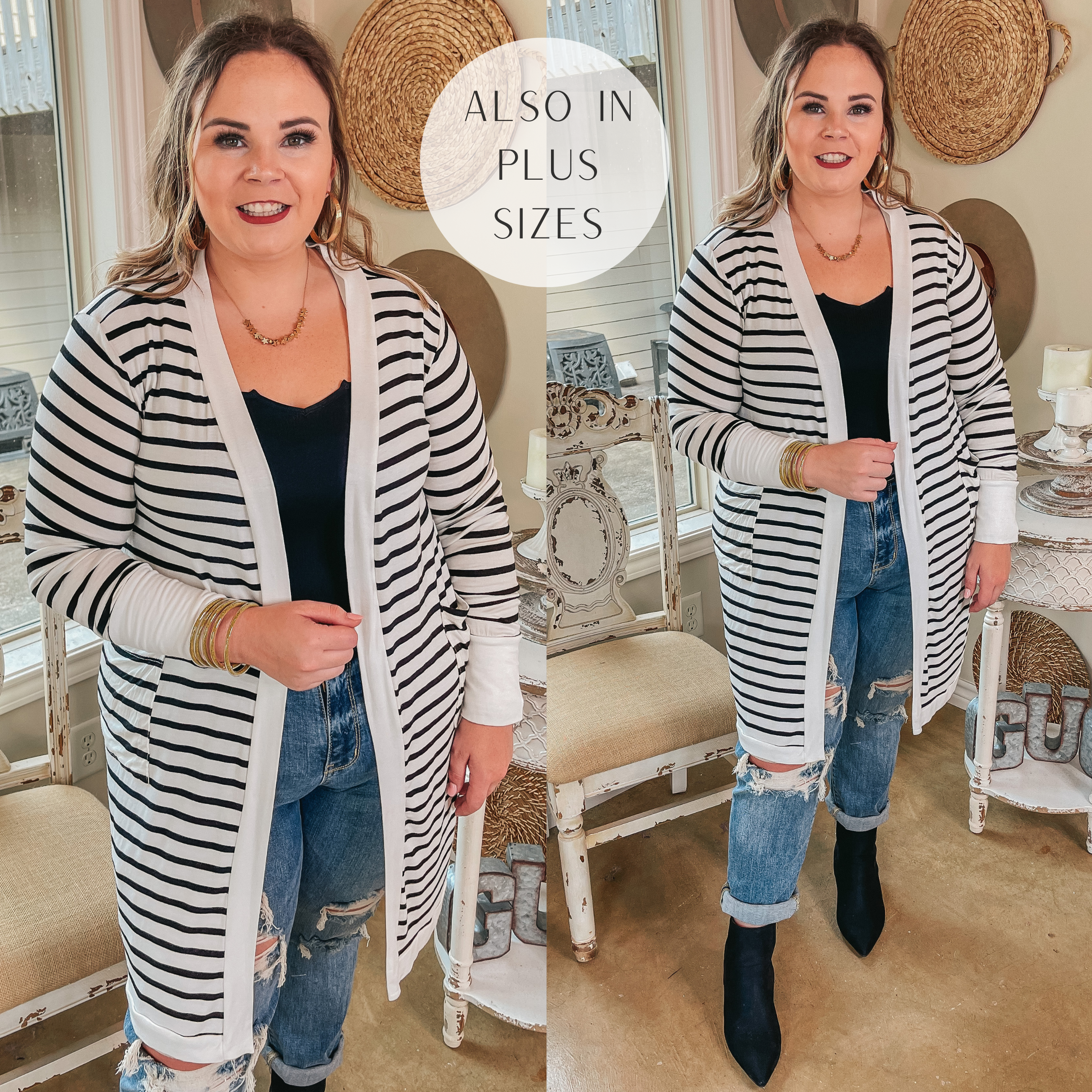 On the Scene Long Sleeve Striped Open Front Cardigan in Ivory - Giddy Up Glamour Boutique