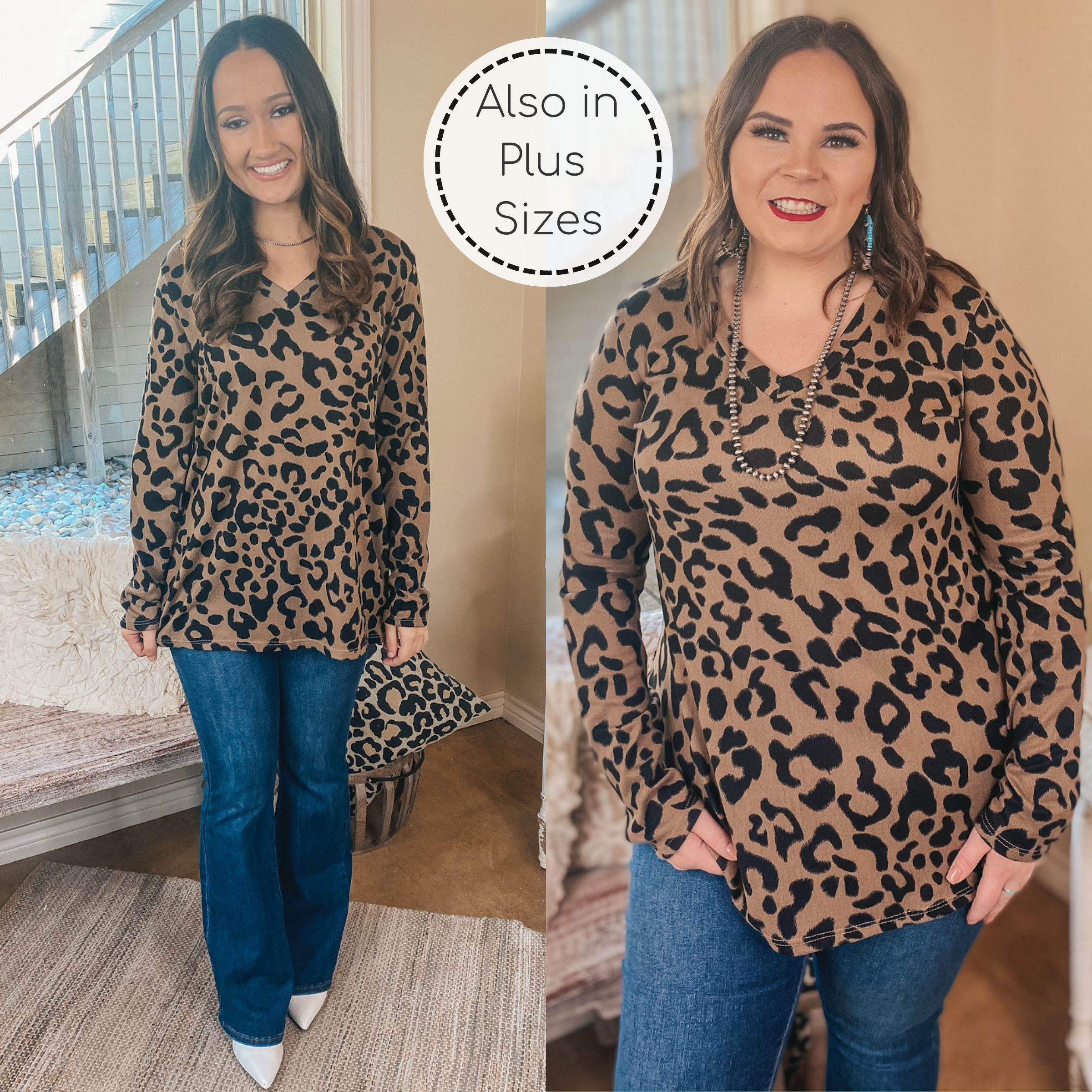 Keep Things Simple Long Sleeve Large Leopard V Neck Pullover Top in Brown - Giddy Up Glamour Boutique