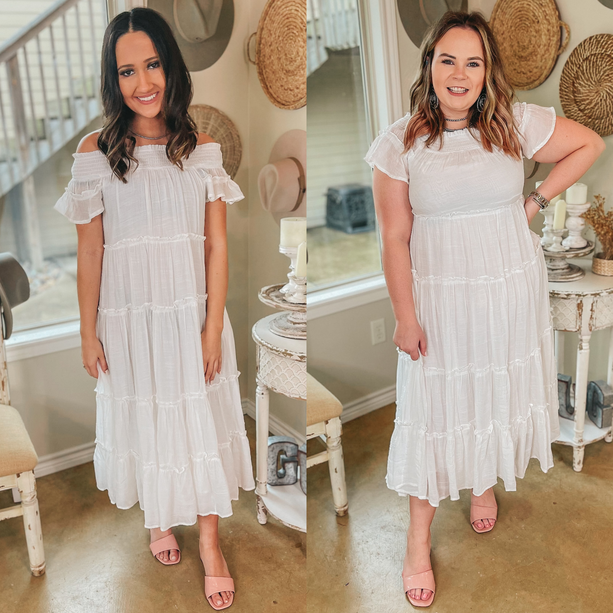 Tulum Travels Ruffle Tiered Off the Shoulder Midi Dress in White - Giddy Up Glamour Boutique