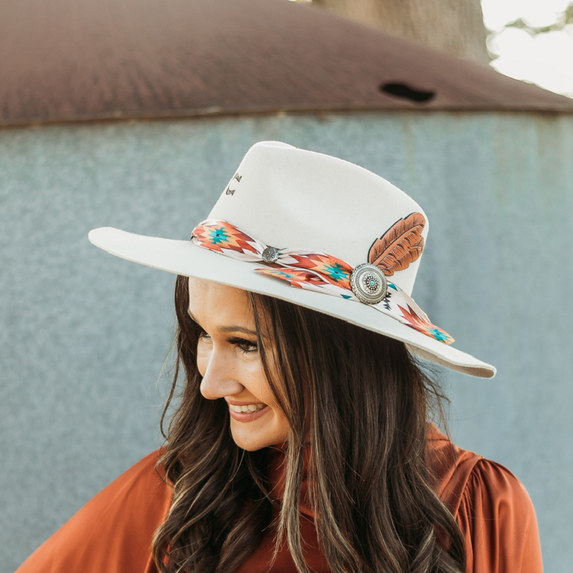 Charlie 1 Horse | Navajo Flat Brim Felt Hat with Tribal Scarf and Leather Feathers in Ivory - Giddy Up Glamour Boutique