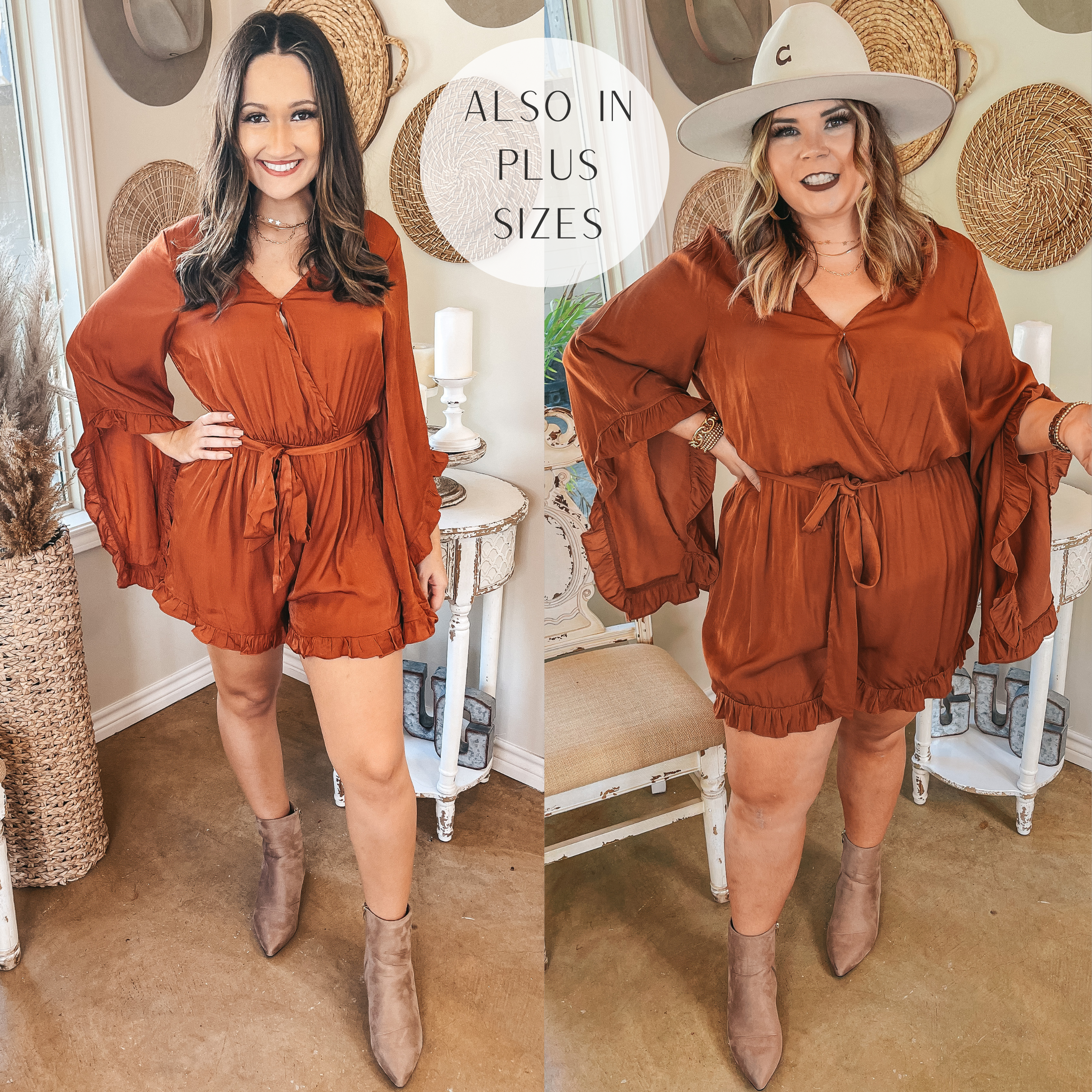 Something More Ruffle Trim Long Sleeve Satin Romper in Rust - Giddy Up Glamour Boutique