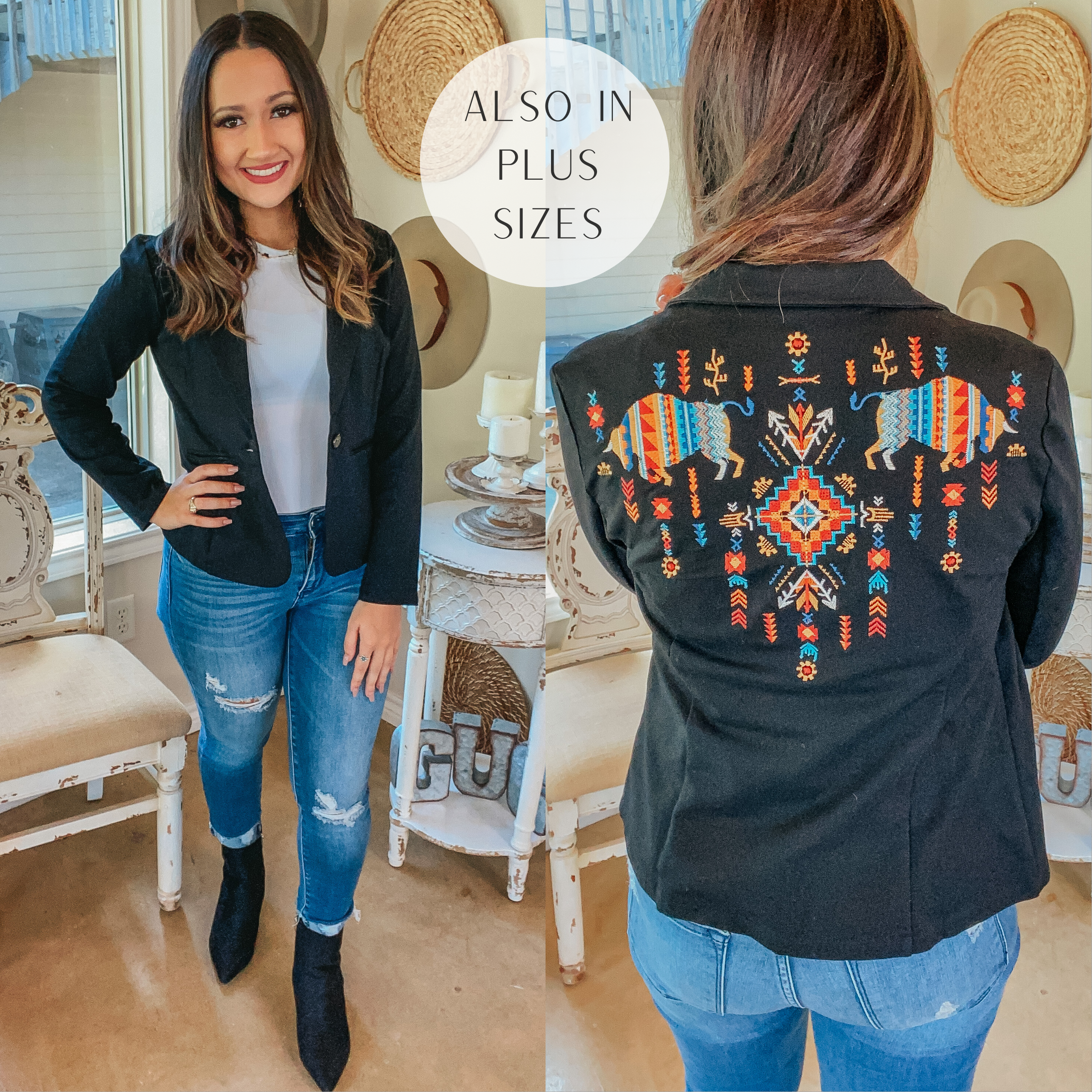 Montana on My Mind Western Embroidered Long Sleeve Blazer in Black - Giddy Up Glamour Boutique