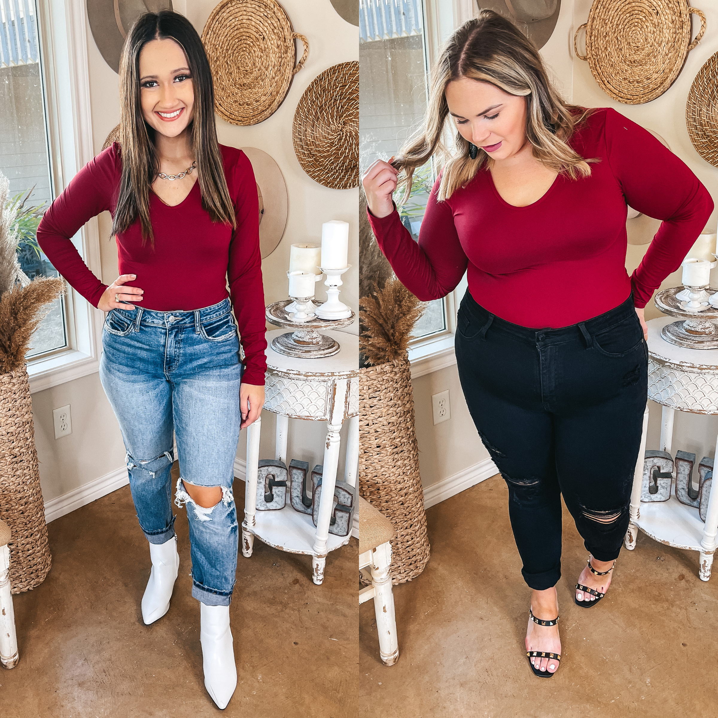 Over the Top V Neck Long Sleeve Bodysuit in Maroon - Giddy Up Glamour Boutique
