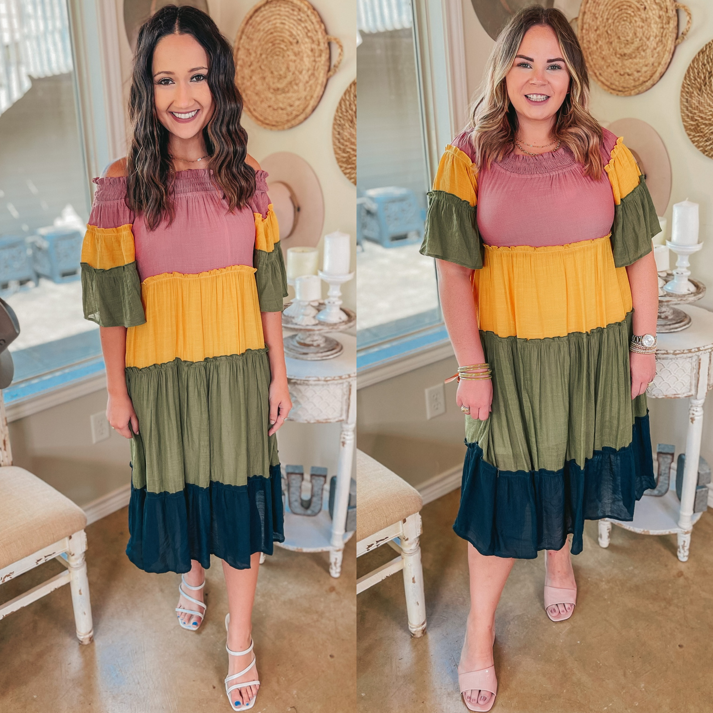 In the Villa Color Block Off the Shoulder Midi Dress in Mustard, Olive, Mauve, and Navy - Giddy Up Glamour Boutique