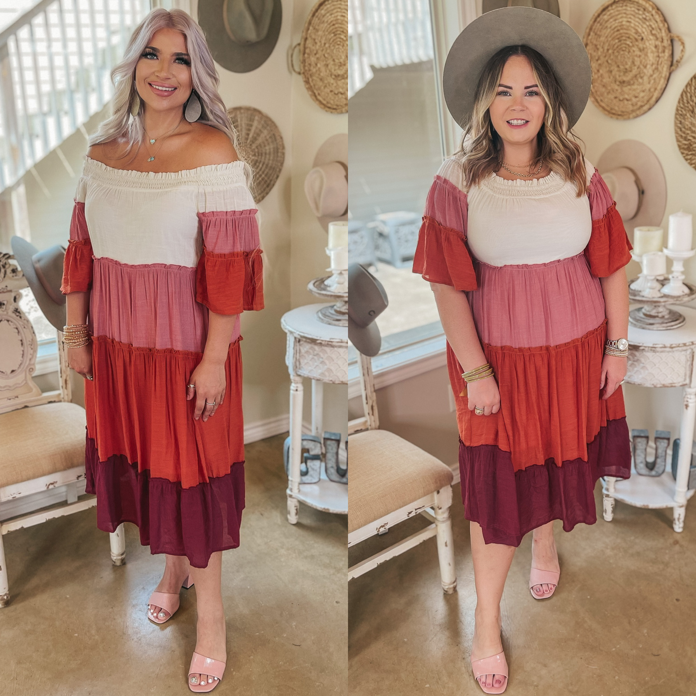 In the Villa Color Block Off the Shoulder Midi Dress in Ivory, Rust, Mauve, and Maroon - Giddy Up Glamour Boutique