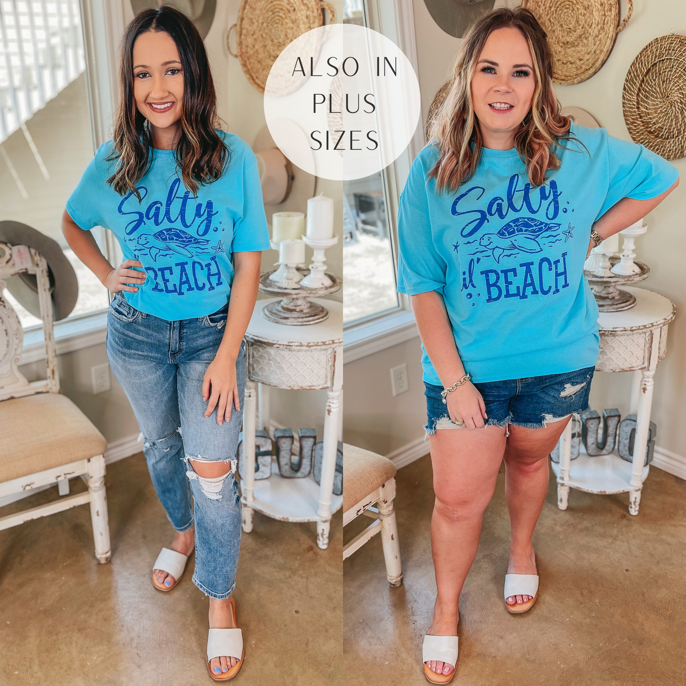 Last Chance Size Small & Medium | Salty Lil' Beach Short Sleeve Graphic Tee in Aqua Blue - Giddy Up Glamour Boutique