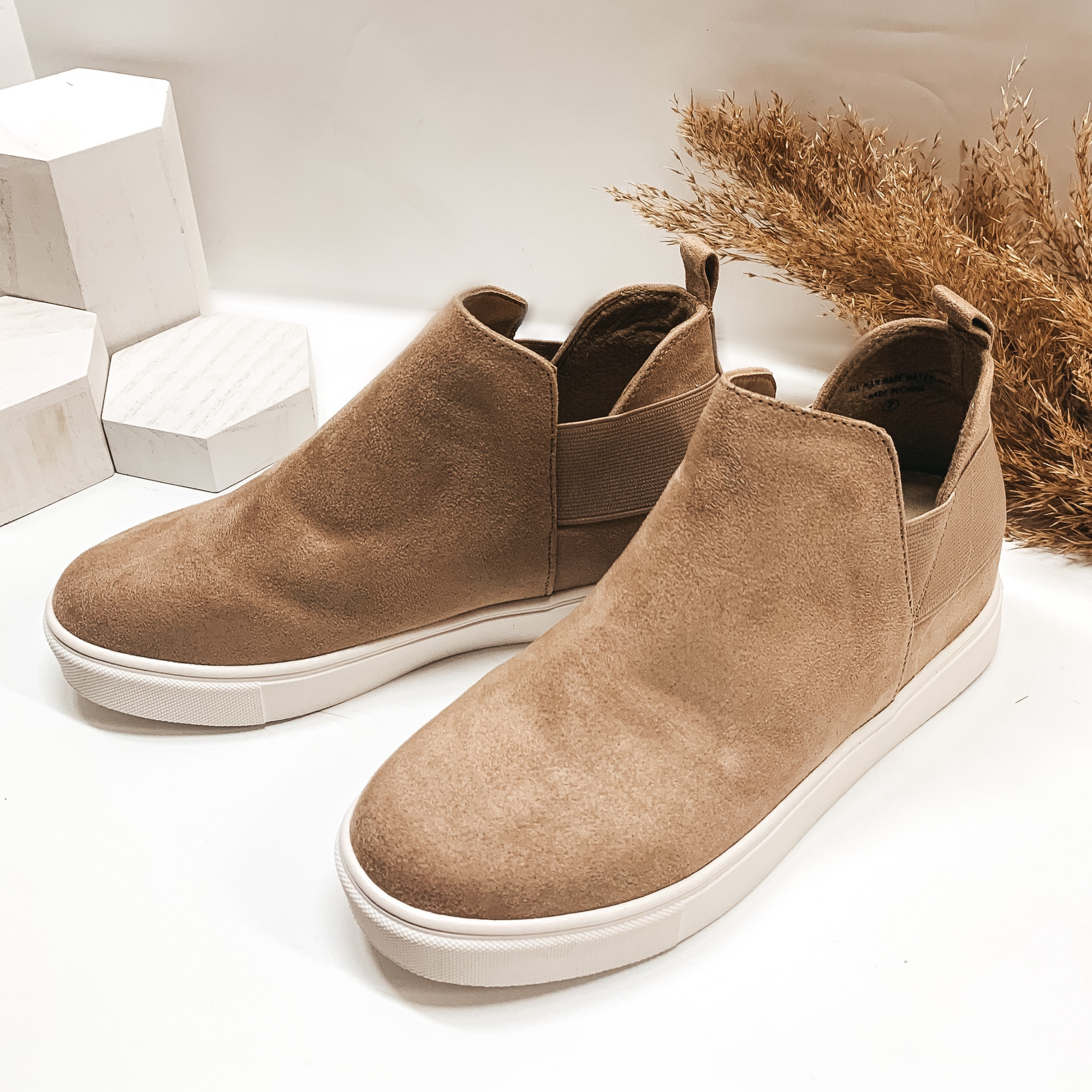 First Steps Suede Heeled Slip On Sneakers in Taupe - Giddy Up Glamour Boutique
