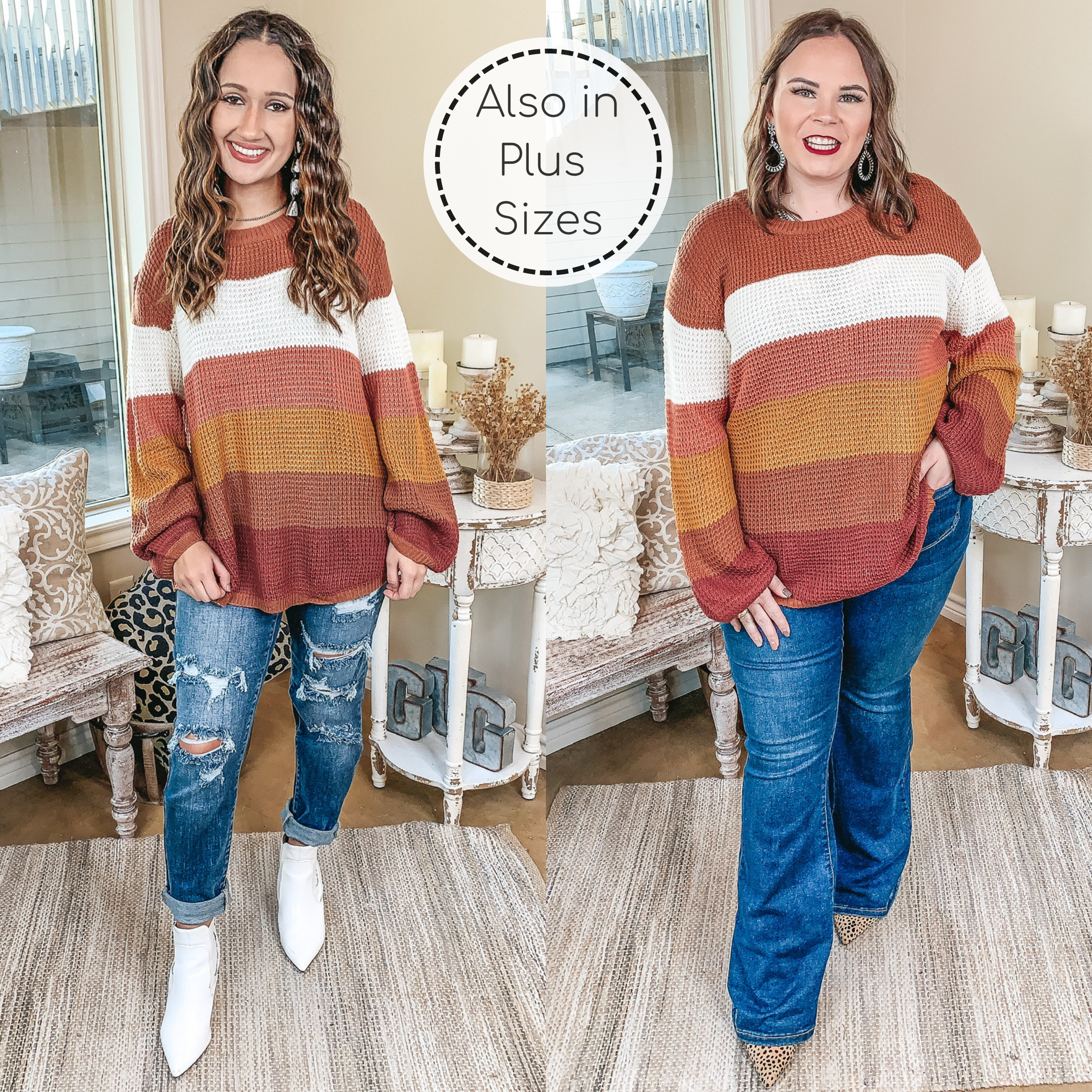 Choosing Cozy Striped Long Sleeve Bubble Sleeve Sweater in Rust Mix - Giddy Up Glamour Boutique