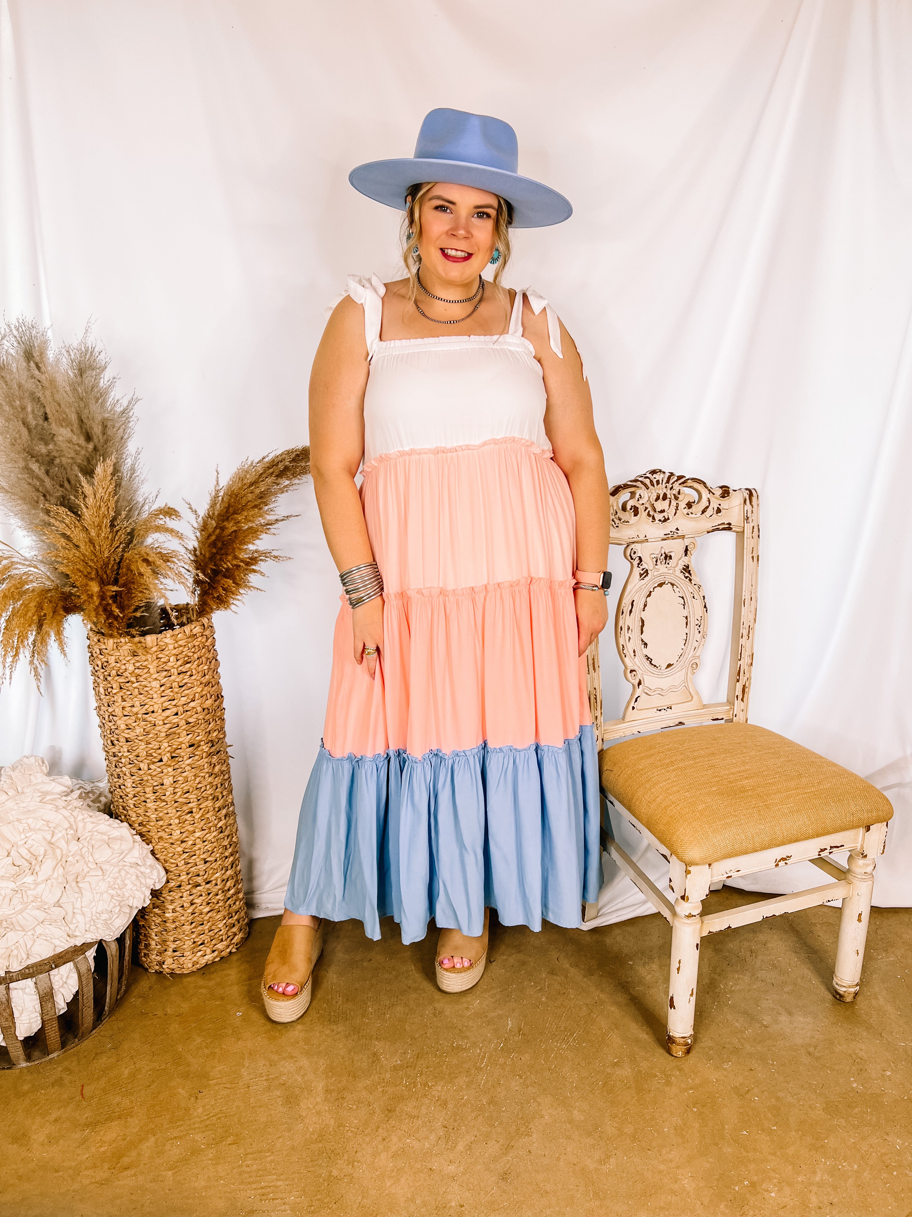 Weekend in Capri Tiered Maxi Dress with Adjustable Tie Straps in Baby Blue Mix - Giddy Up Glamour Boutique