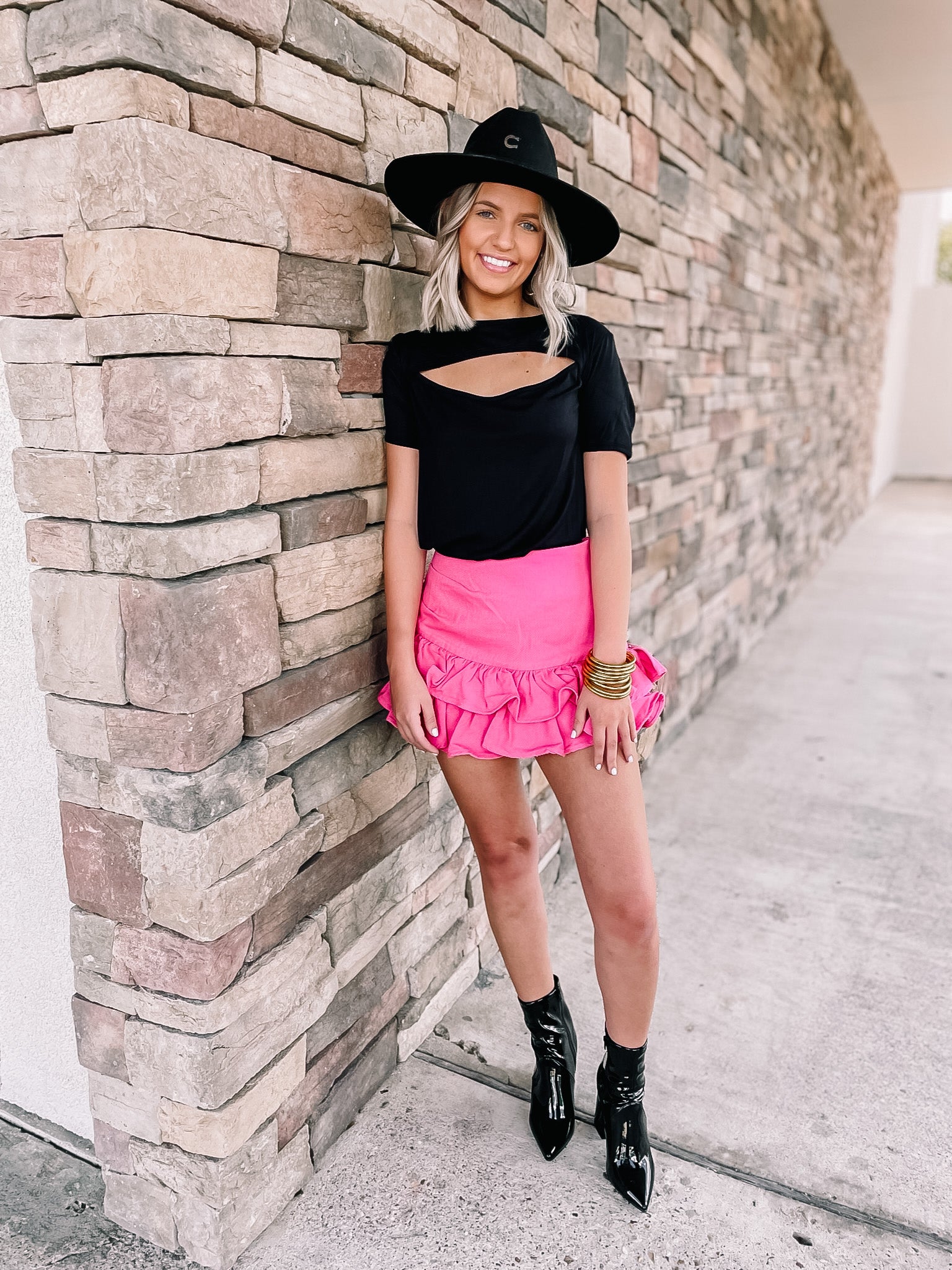 Once In A Lifetime Ruffle Denim Mini Skirt in Pink - Giddy Up Glamour Boutique