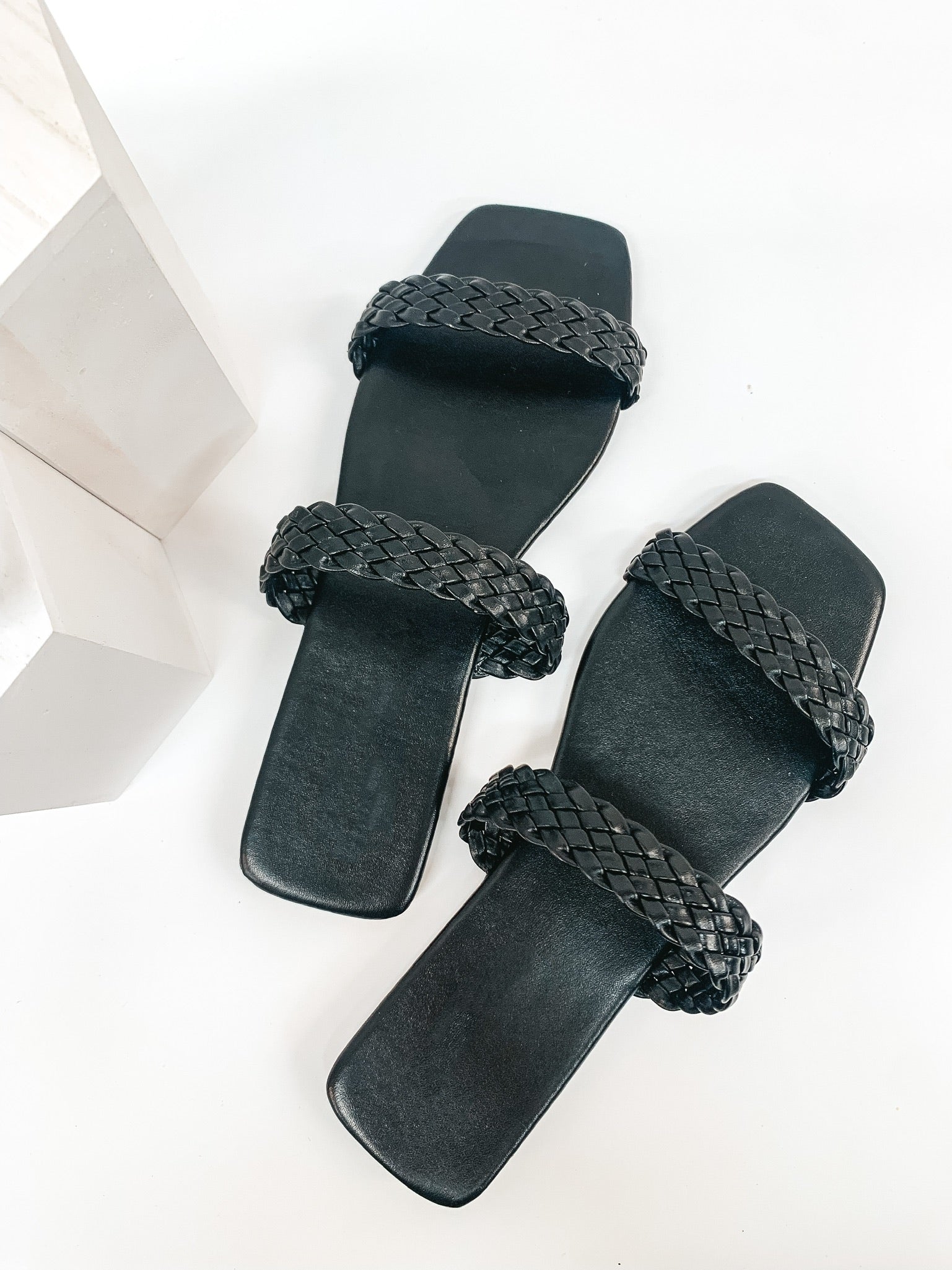 Uptown Stroll Braided Two Strap Slide On Sandals in Black - Giddy Up Glamour Boutique