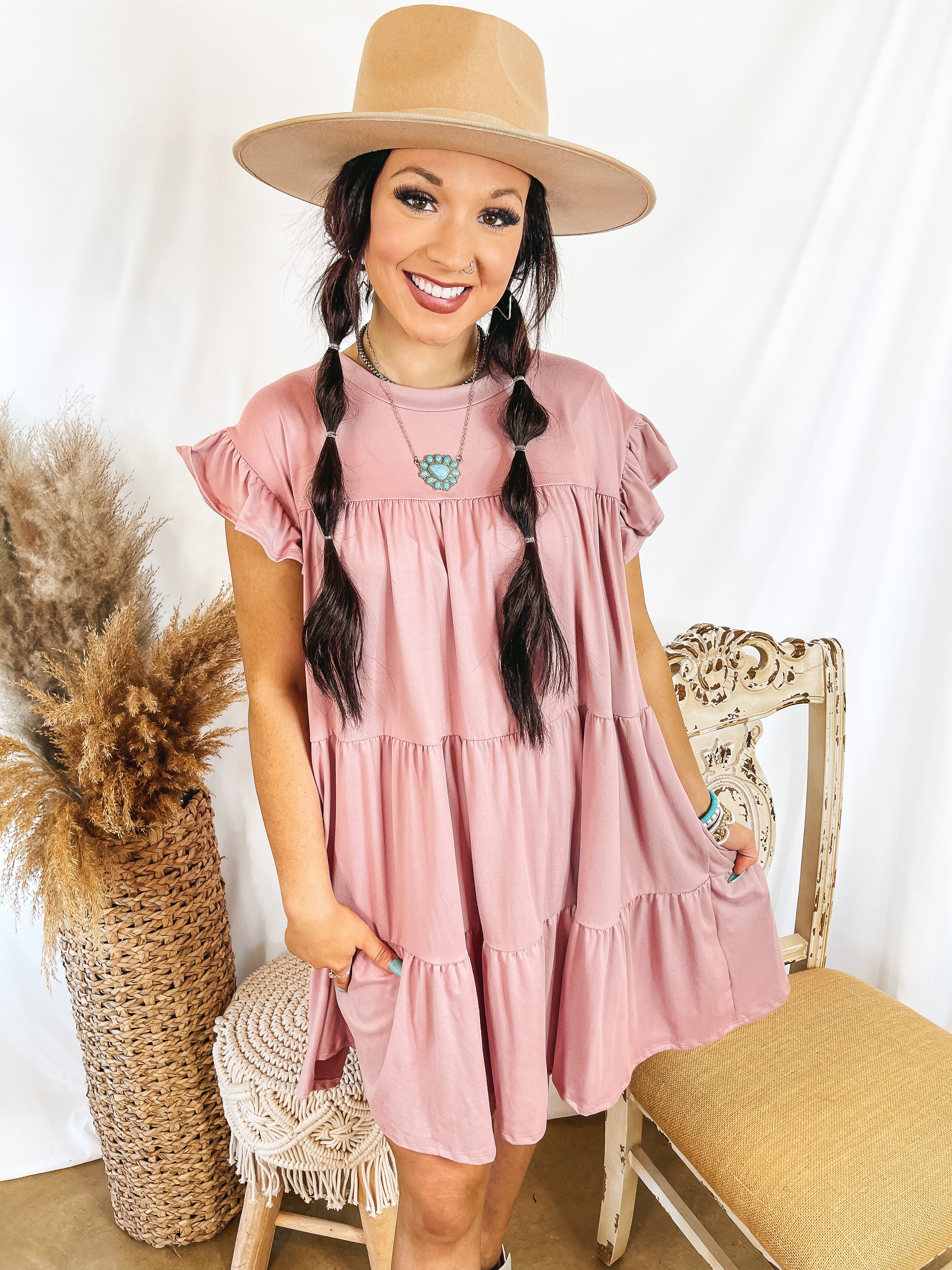 Instant Attraction Solid Ruffle Tiered Dress in Rosewood Pink - Giddy Up Glamour Boutique