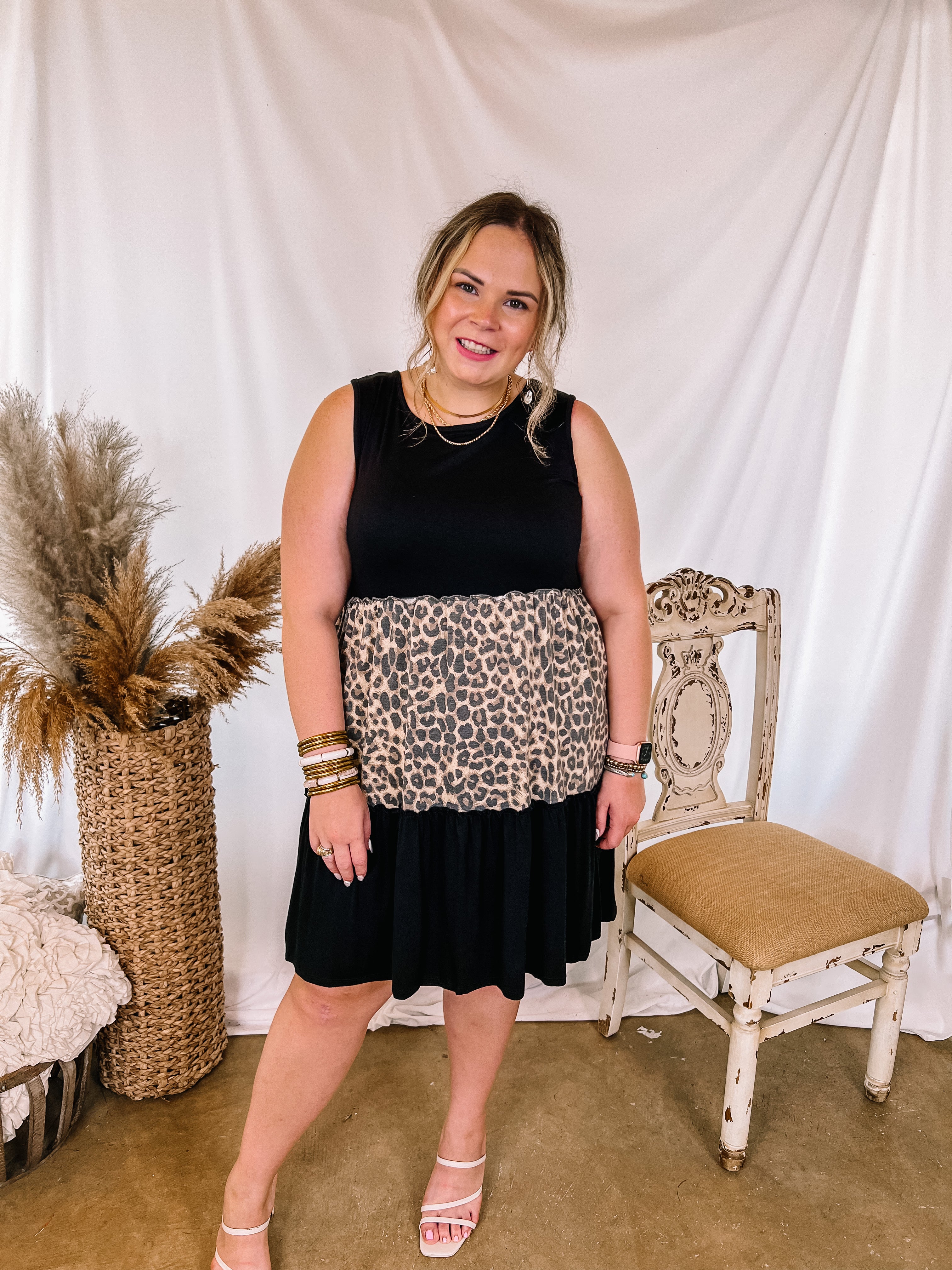 Right On Time Ruffle Tiered Leopard Print Block Dress in Black - Giddy Up Glamour Boutique