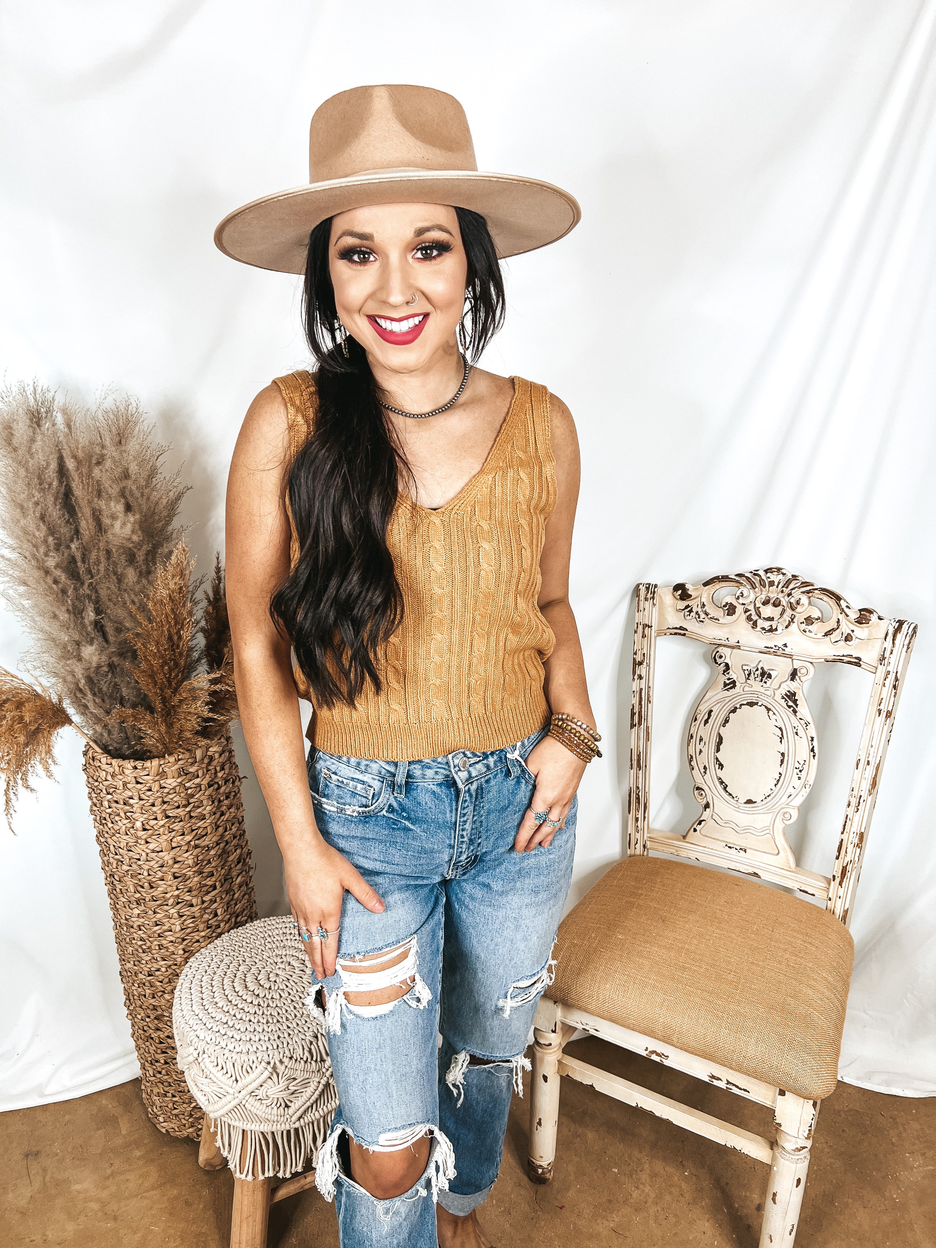 Forever Famous Cropped Sweater Tank Top in Camel Brown - Giddy Up Glamour Boutique