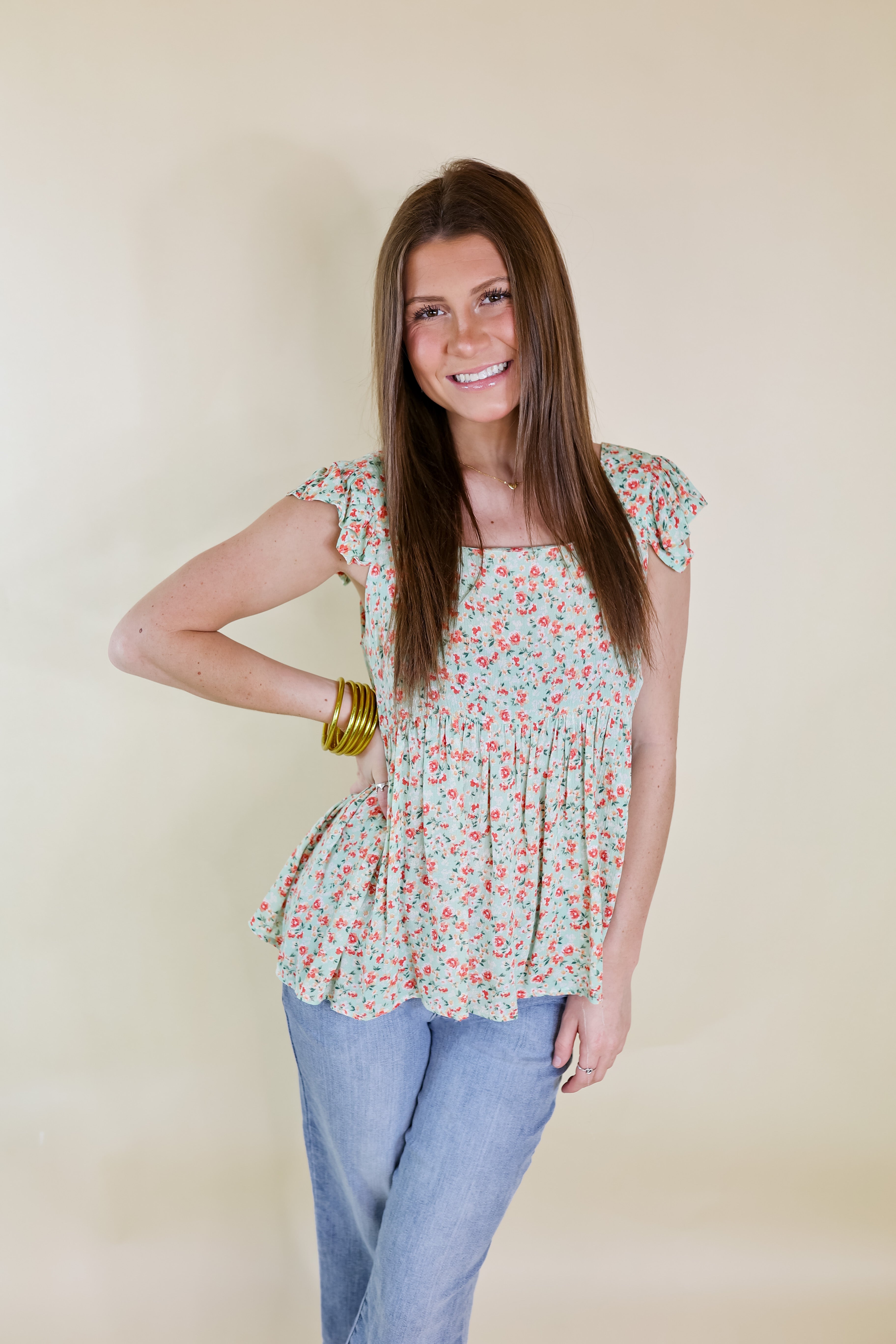 Magic Melody Floral Babydoll Tank Top in Light Sage Green - Giddy Up Glamour Boutique