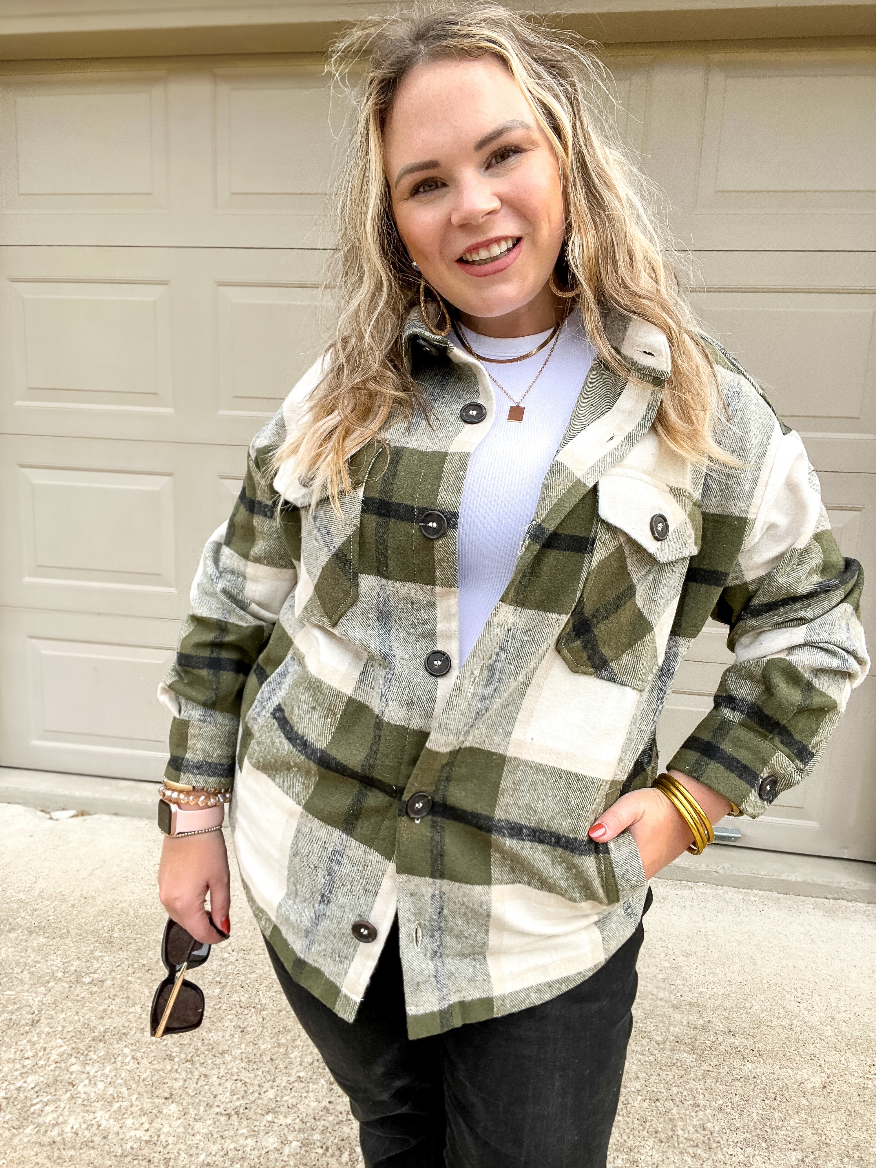 Autumn Air Plaid Button Up Shacket in Olive - Giddy Up Glamour Boutique