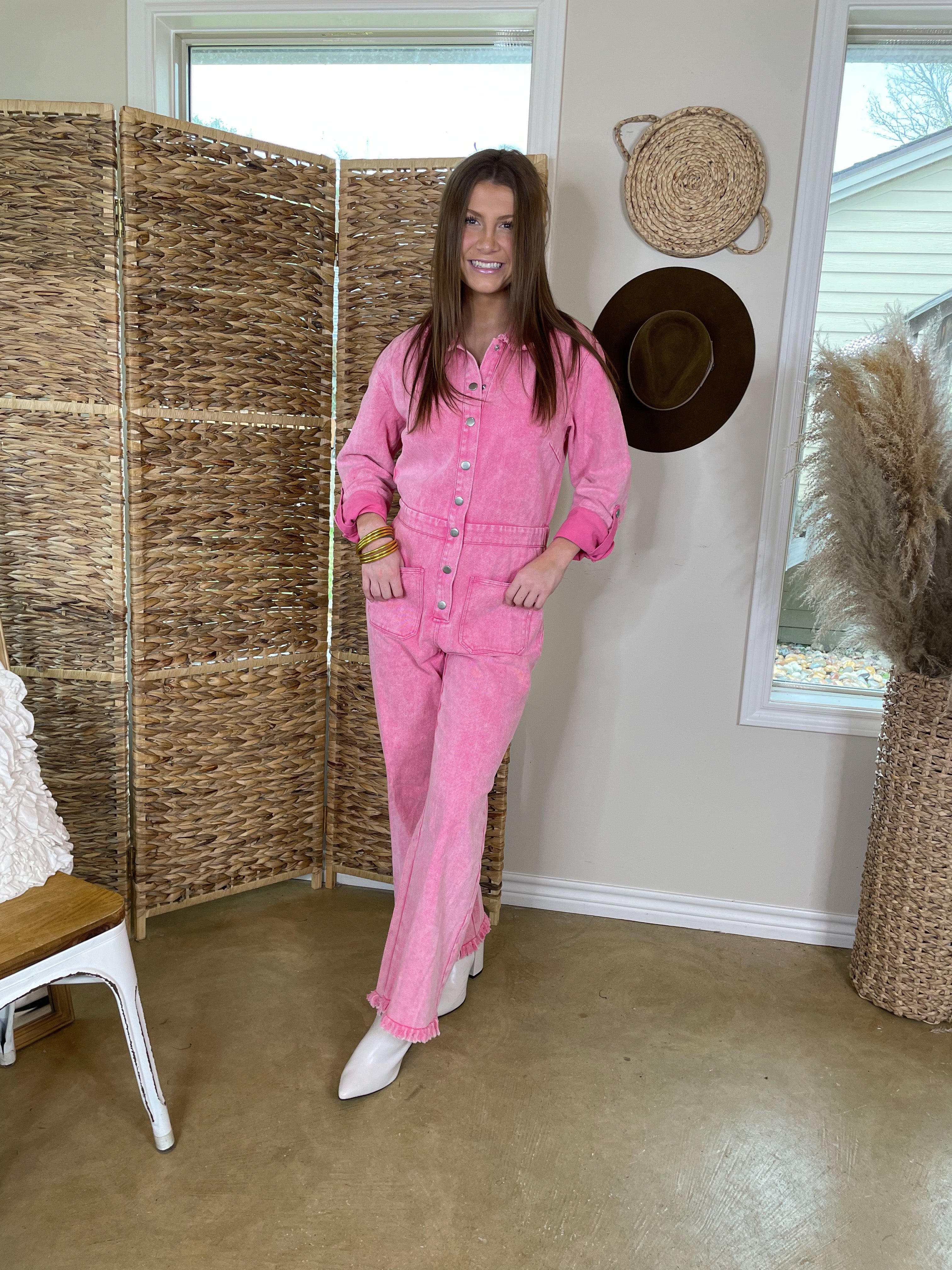 Book It Denim Button Up Jumpsuit in Pink - Giddy Up Glamour Boutique