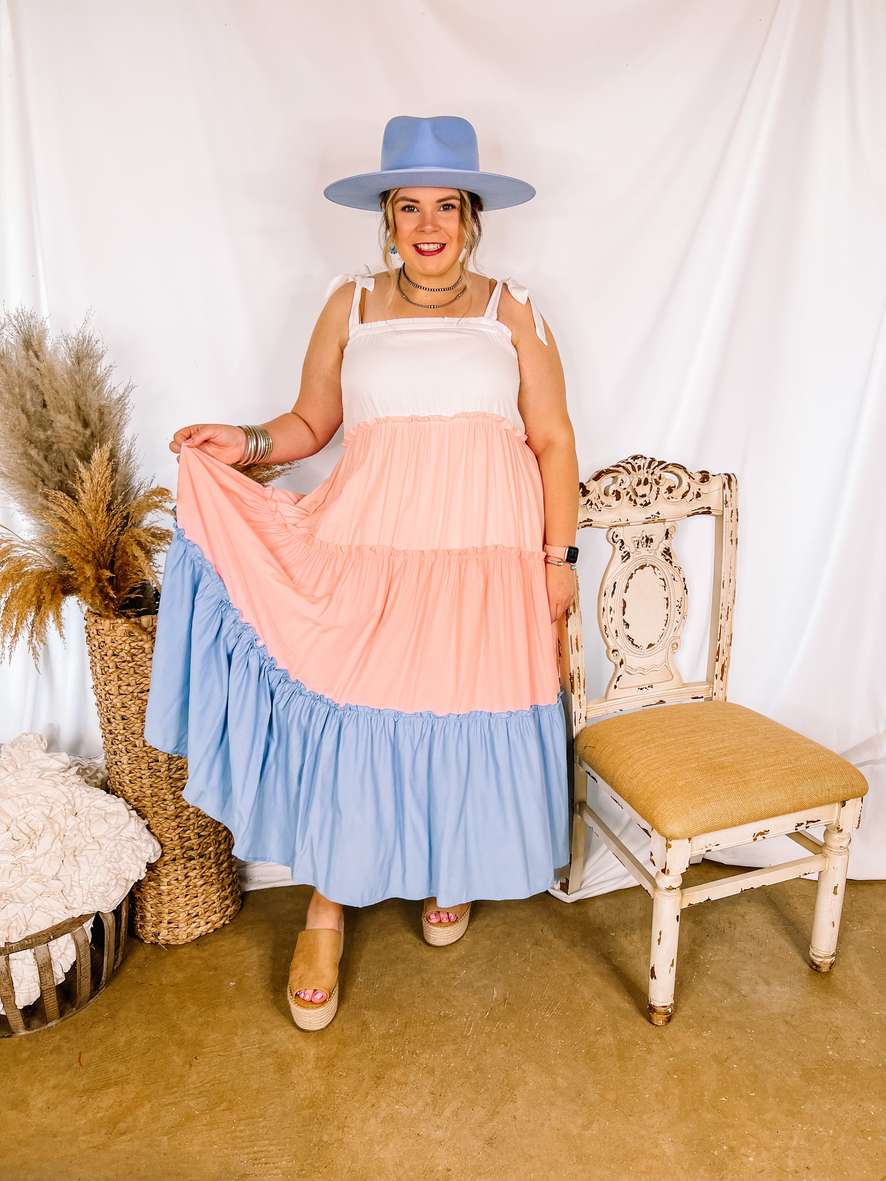 Weekend in Capri Tiered Maxi Dress with Adjustable Tie Straps in Baby Blue Mix - Giddy Up Glamour Boutique