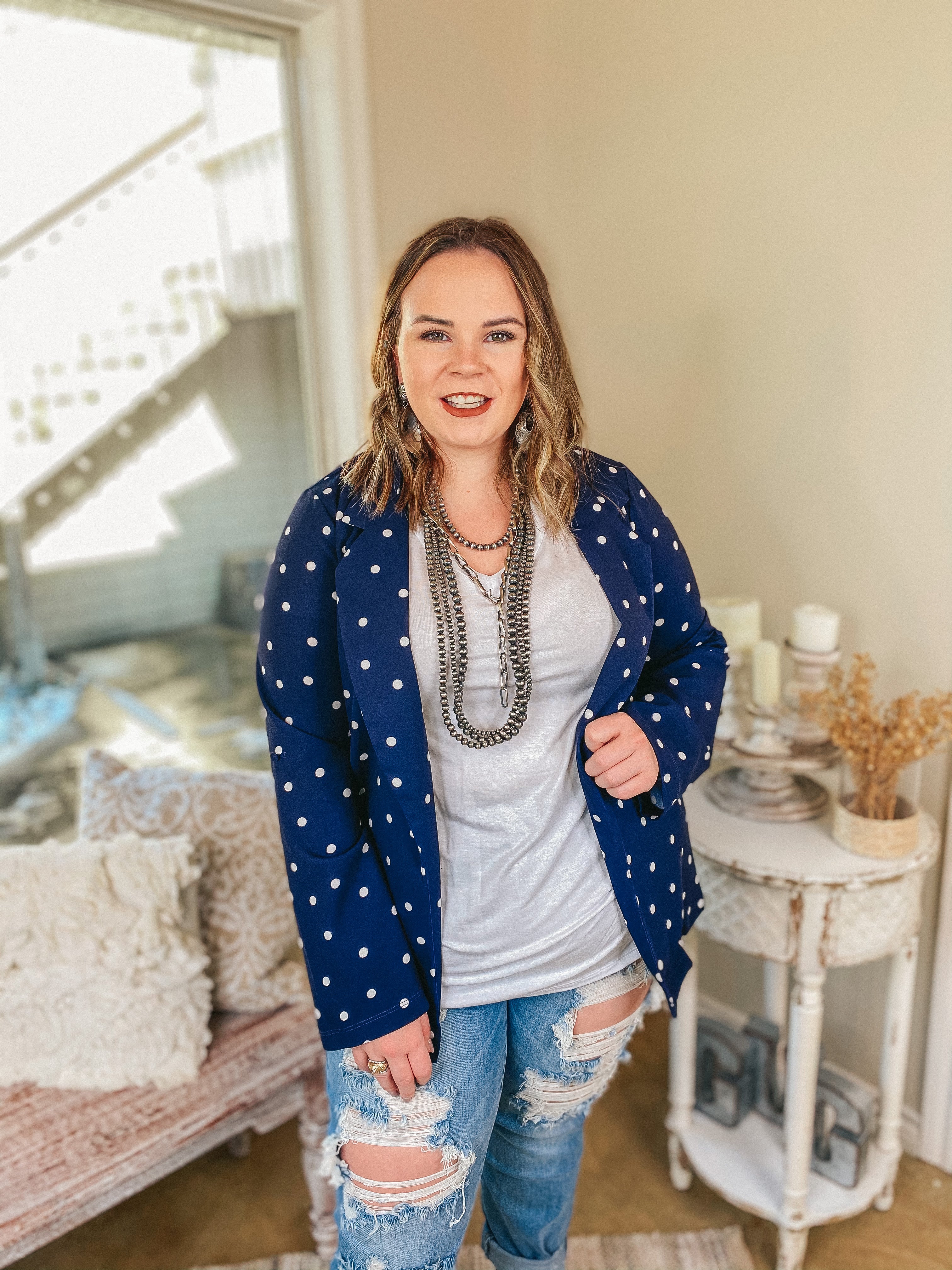 Out Of Office Polka Dot Open Front Blazer with Long Sleeves in Navy - Giddy Up Glamour Boutique