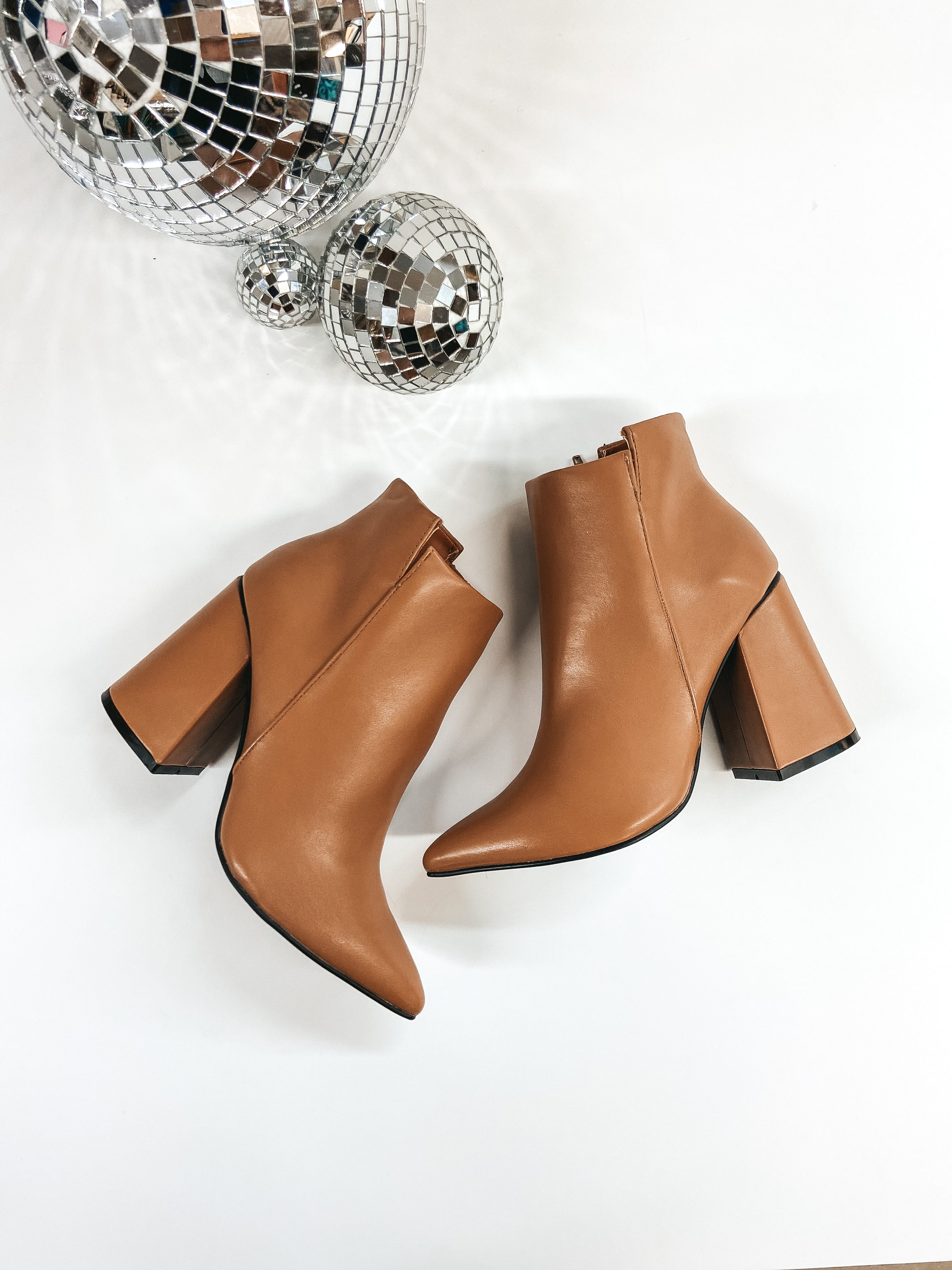 Every Night Pointed Toe Booties with Block Heel in Camel Brown - Giddy Up Glamour Boutique