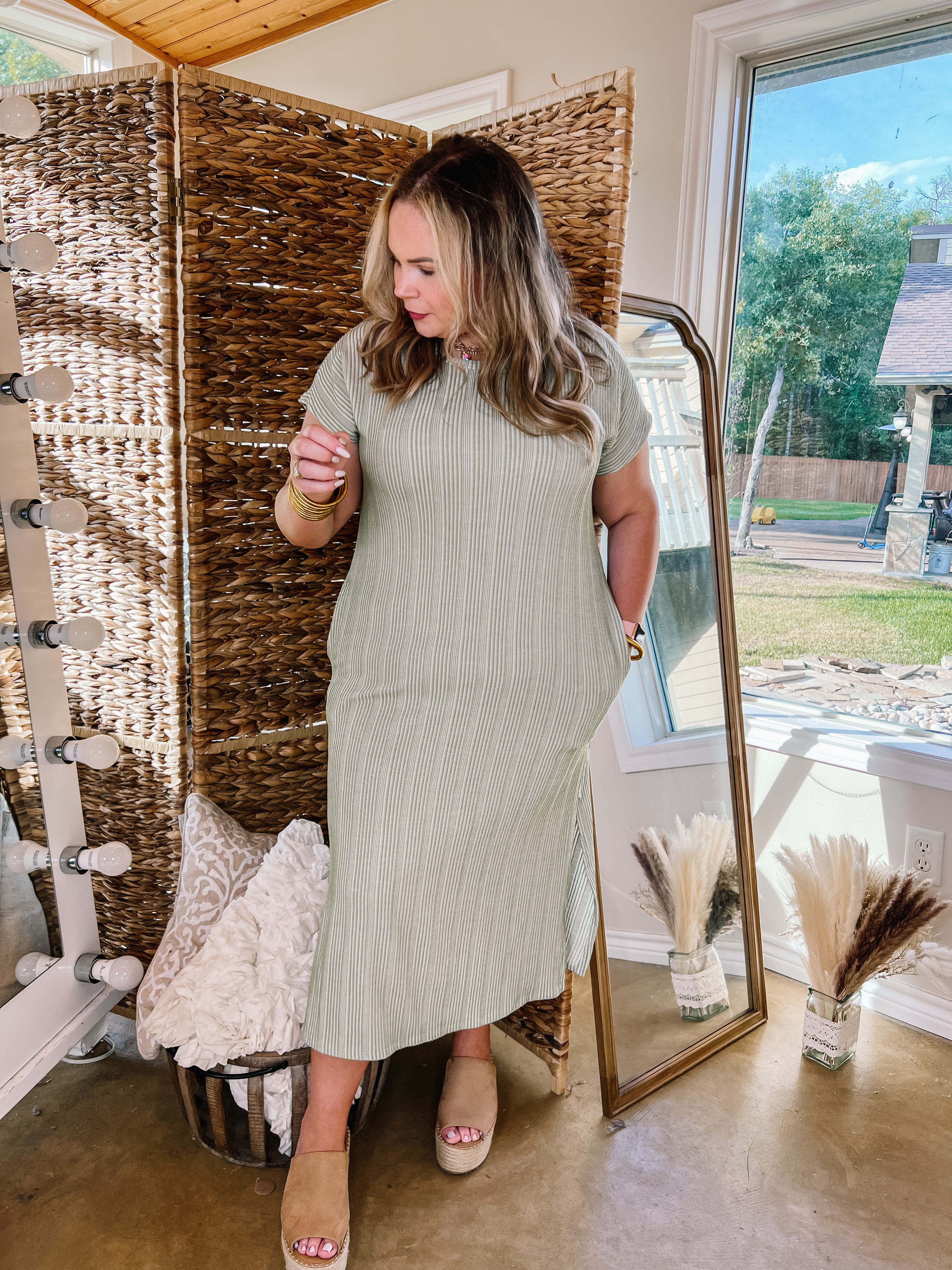 The More You Know Short Sleeve Ribbed Midi Dress in Green - Giddy Up Glamour Boutique