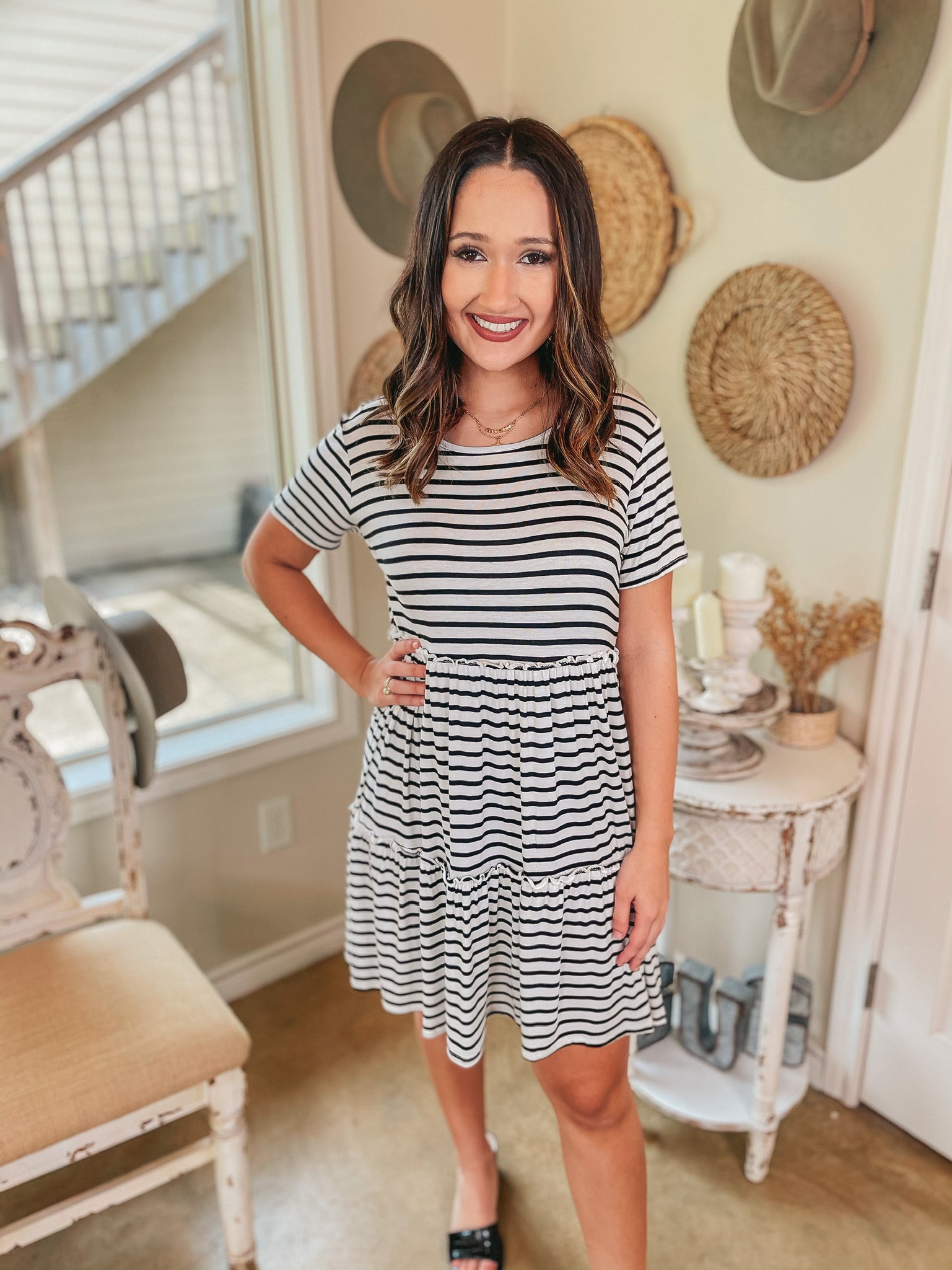 A Night to Remember Striped Ruffle Tiered Short Sleeve Dress in Ivory - Giddy Up Glamour Boutique