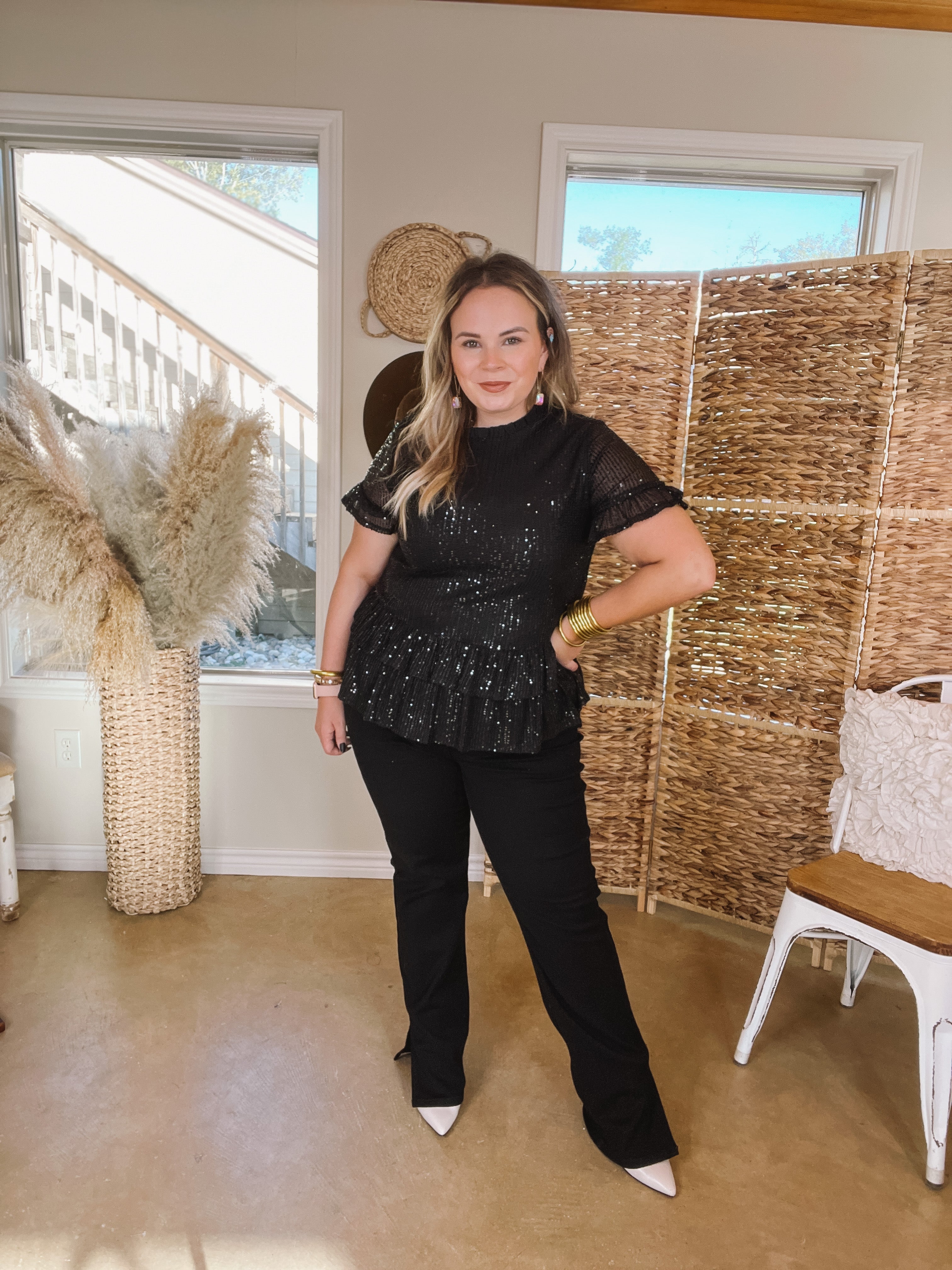 Catching Glances Sequin Short Sleeve Double Ruffle Peplum Top in Black - Giddy Up Glamour Boutique