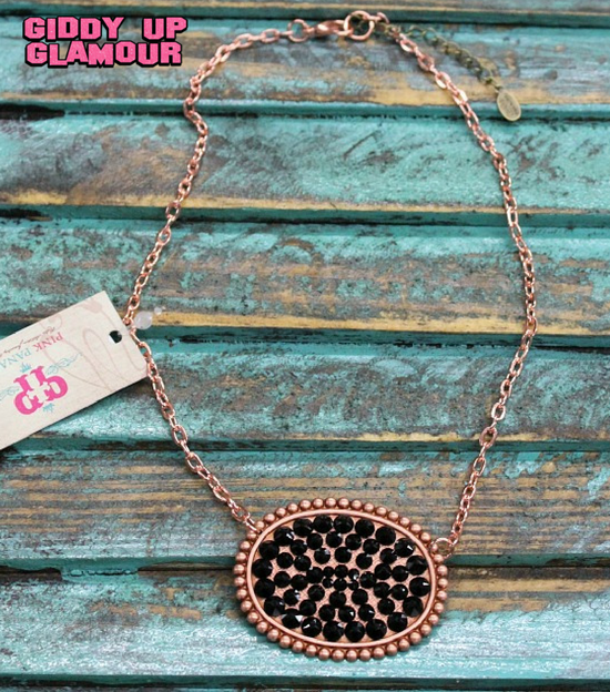 Pink Panache Rose Gold Oval Necklace with Solid Black Crystals - Giddy Up Glamour Boutique