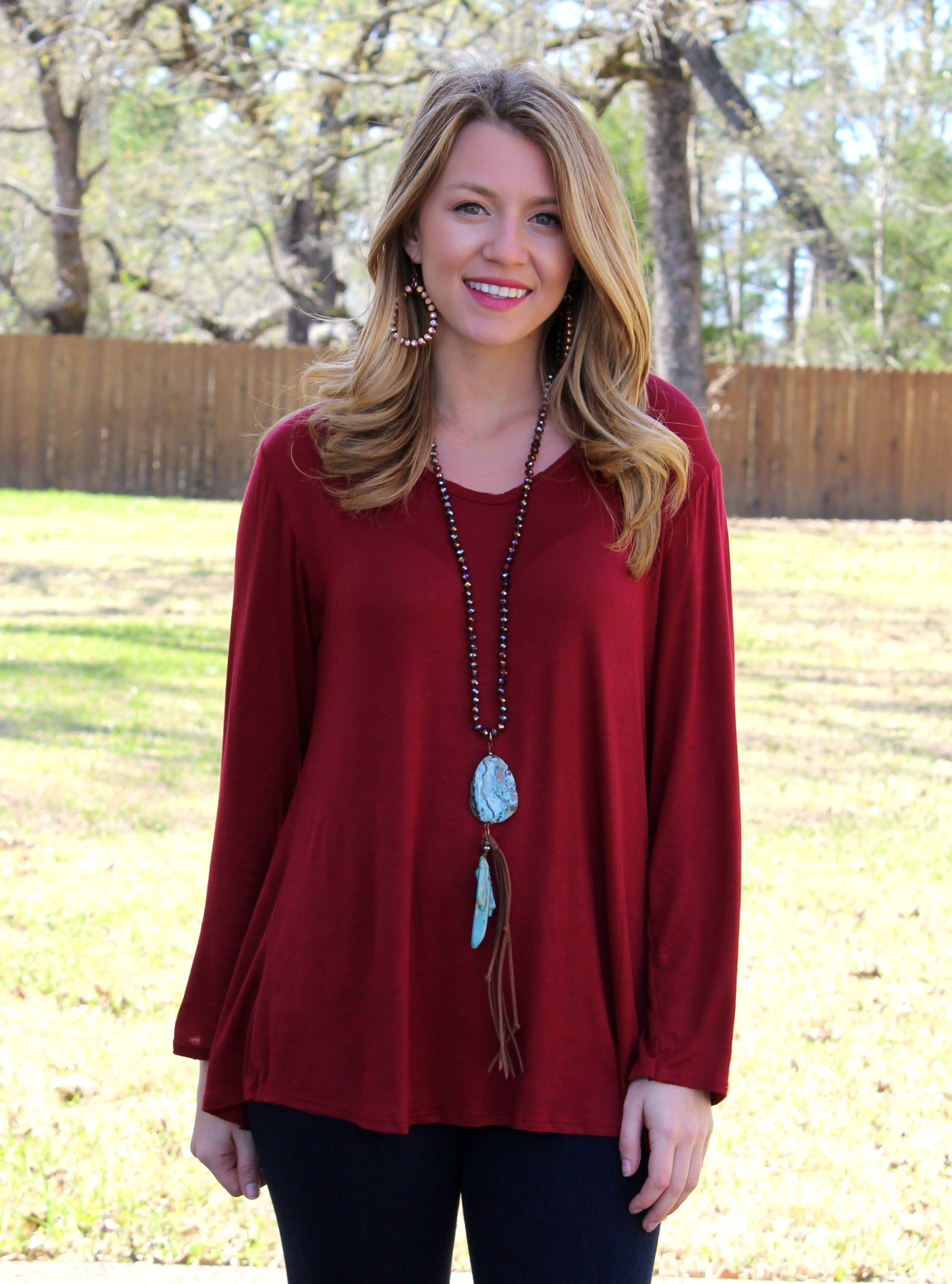 Ever So Casual Long Sleeve Top in Maroon - Giddy Up Glamour Boutique