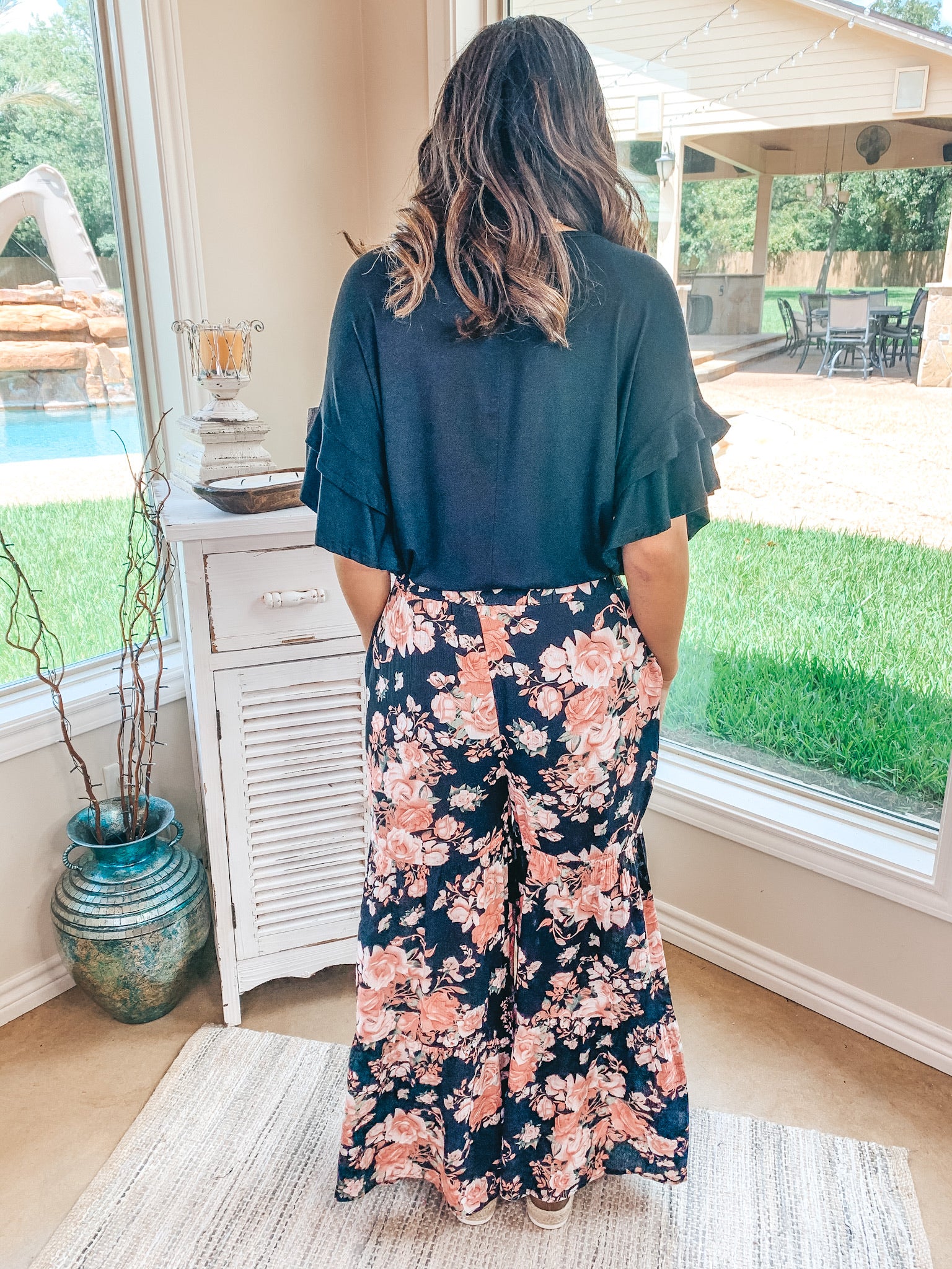 Last Chance Size Small & Medium | Breaking Free Floral Wide Leg Ruffle Pants in Black - Giddy Up Glamour Boutique