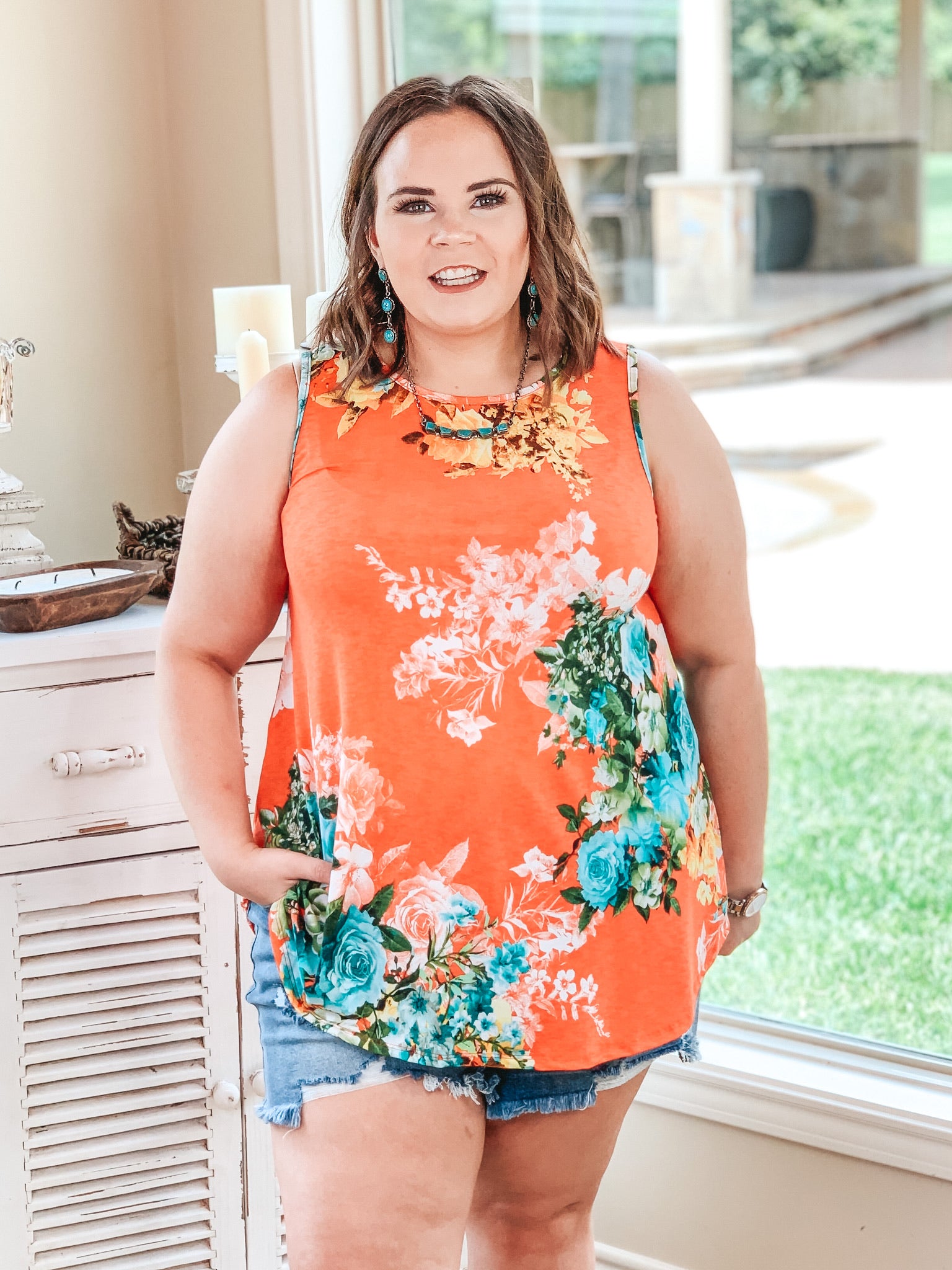Last Chance Size Small & Med. | Give Me Joy A Line Floral Tank Top in Coral - Giddy Up Glamour Boutique