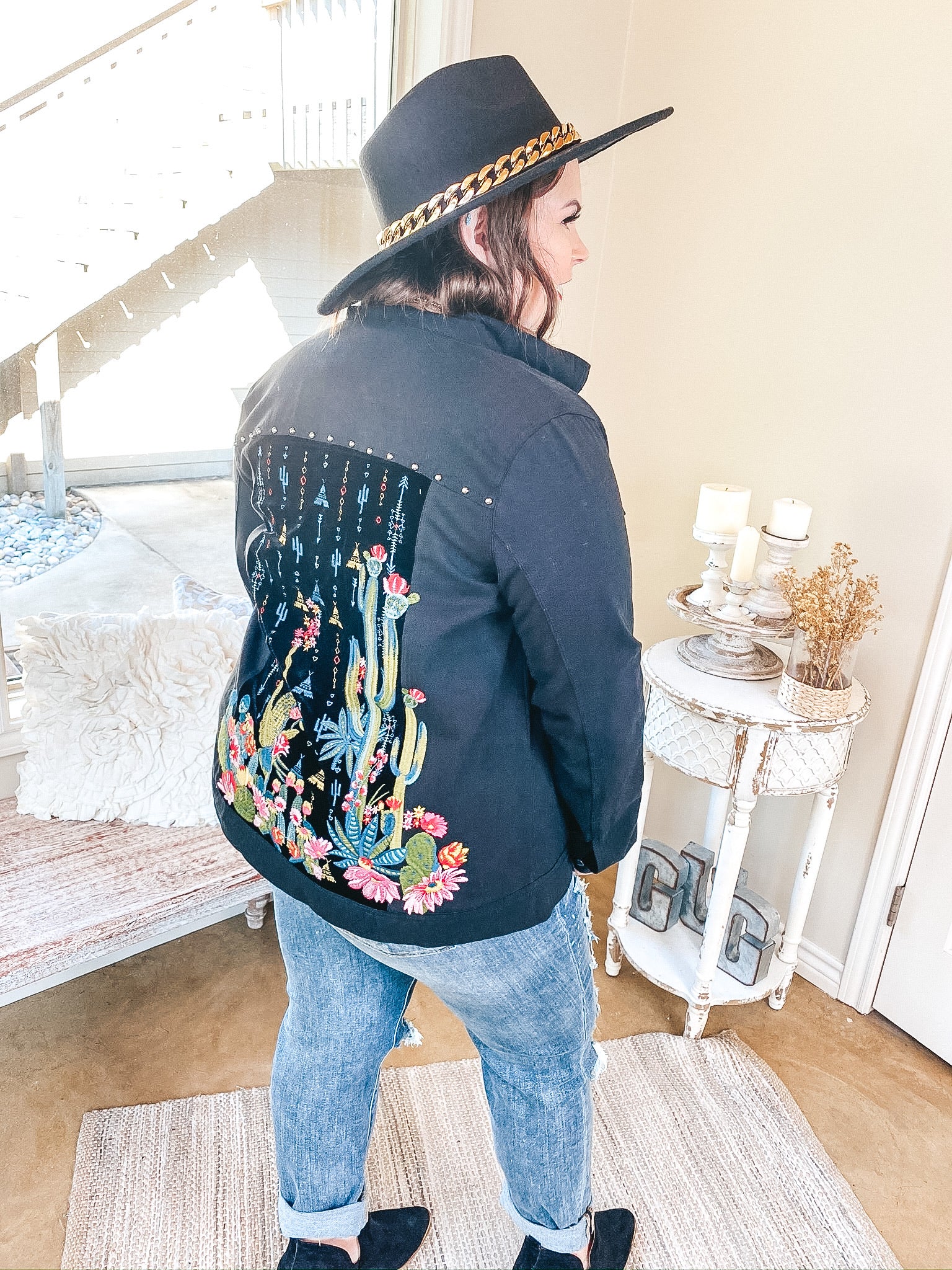 Painted Desert Button Up Jacket with Velvet and Cactus Embroidered Back in Black - Giddy Up Glamour Boutique