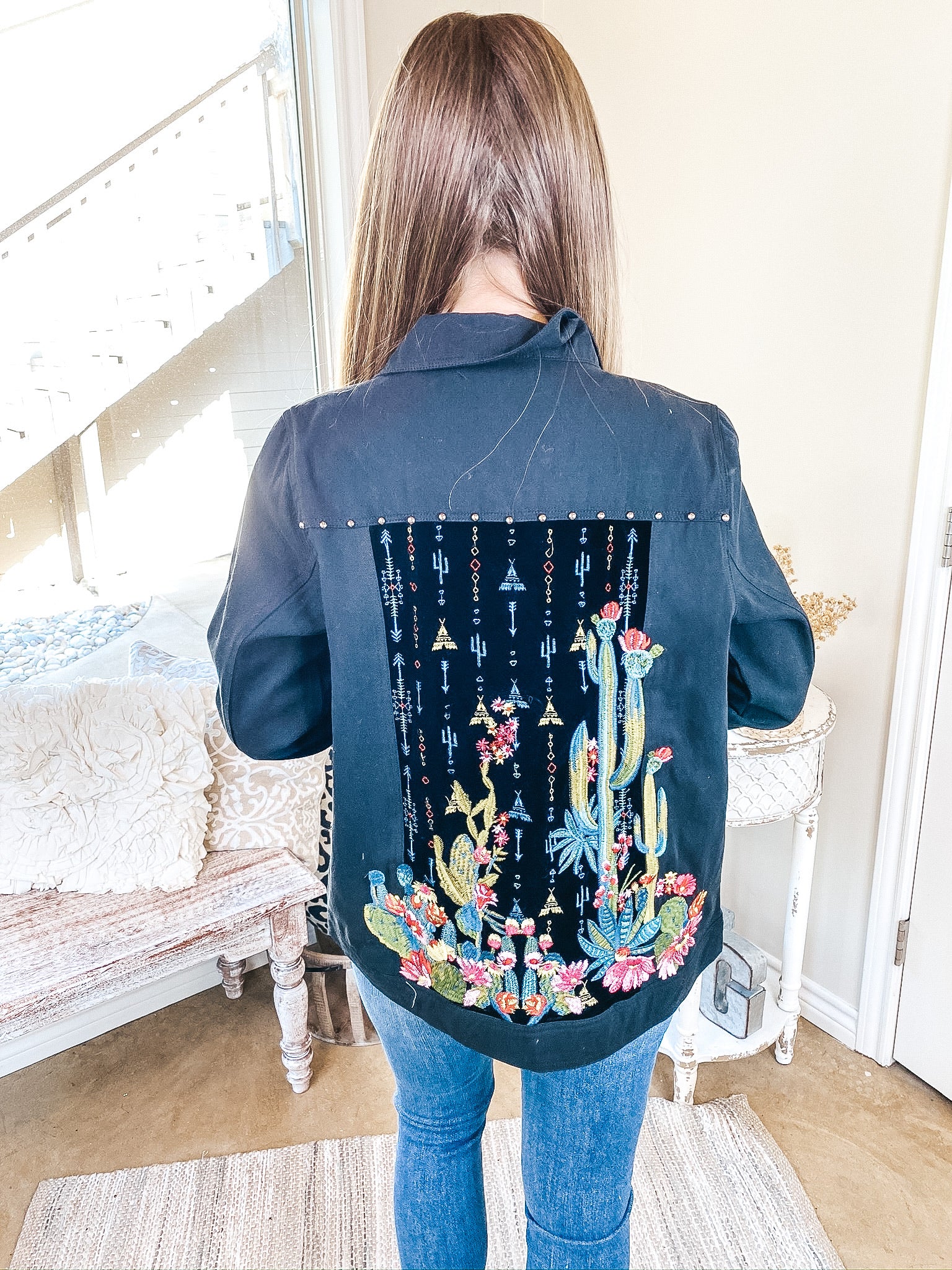 Painted Desert Button Up Jacket with Velvet and Cactus Embroidered Back in Black - Giddy Up Glamour Boutique
