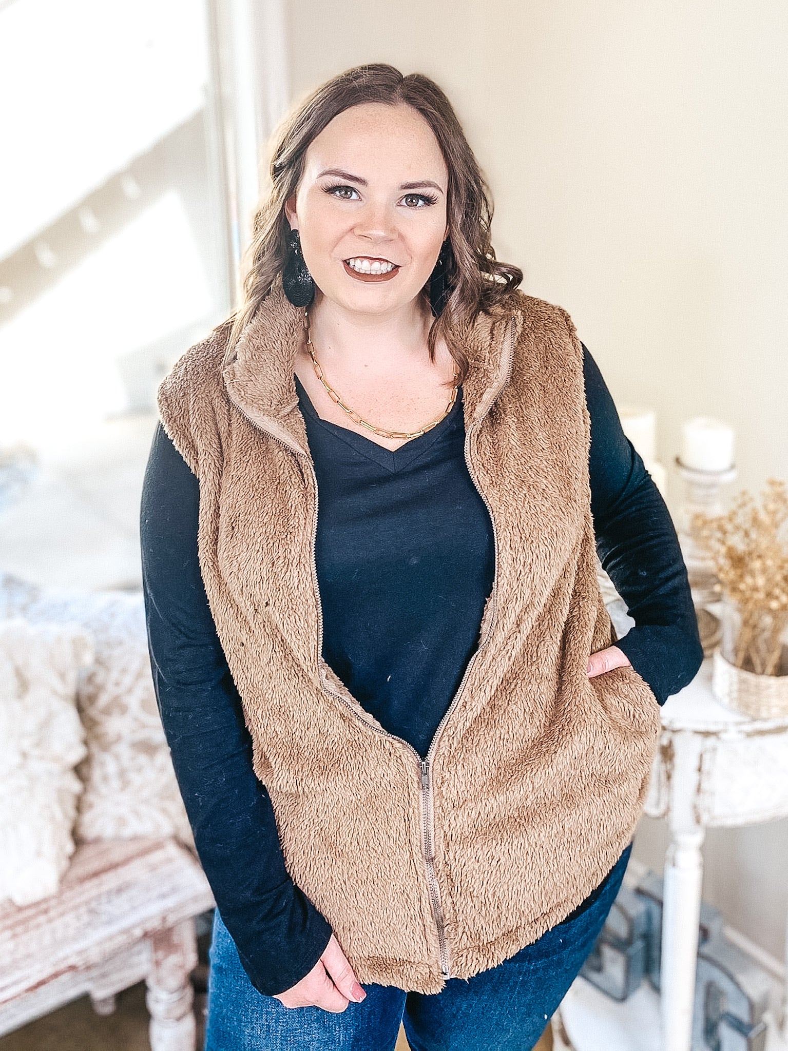 Up North Zip Up Wubby Vest with Pockets in Mocha Brown - Giddy Up Glamour Boutique