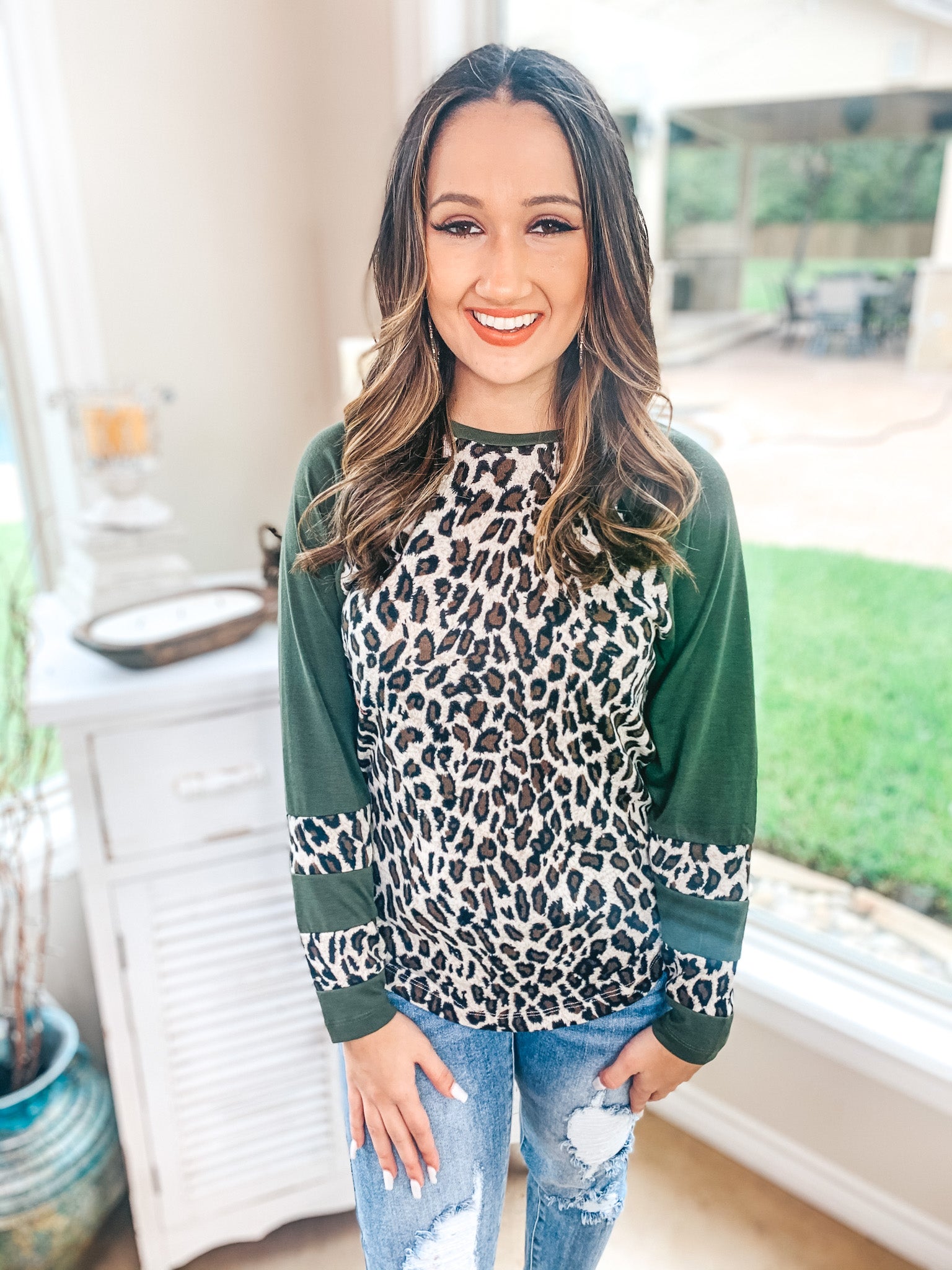Earning Your Spots Leopard Long Sleeve Top with Color Block Sleeves in Olive Green - Giddy Up Glamour Boutique