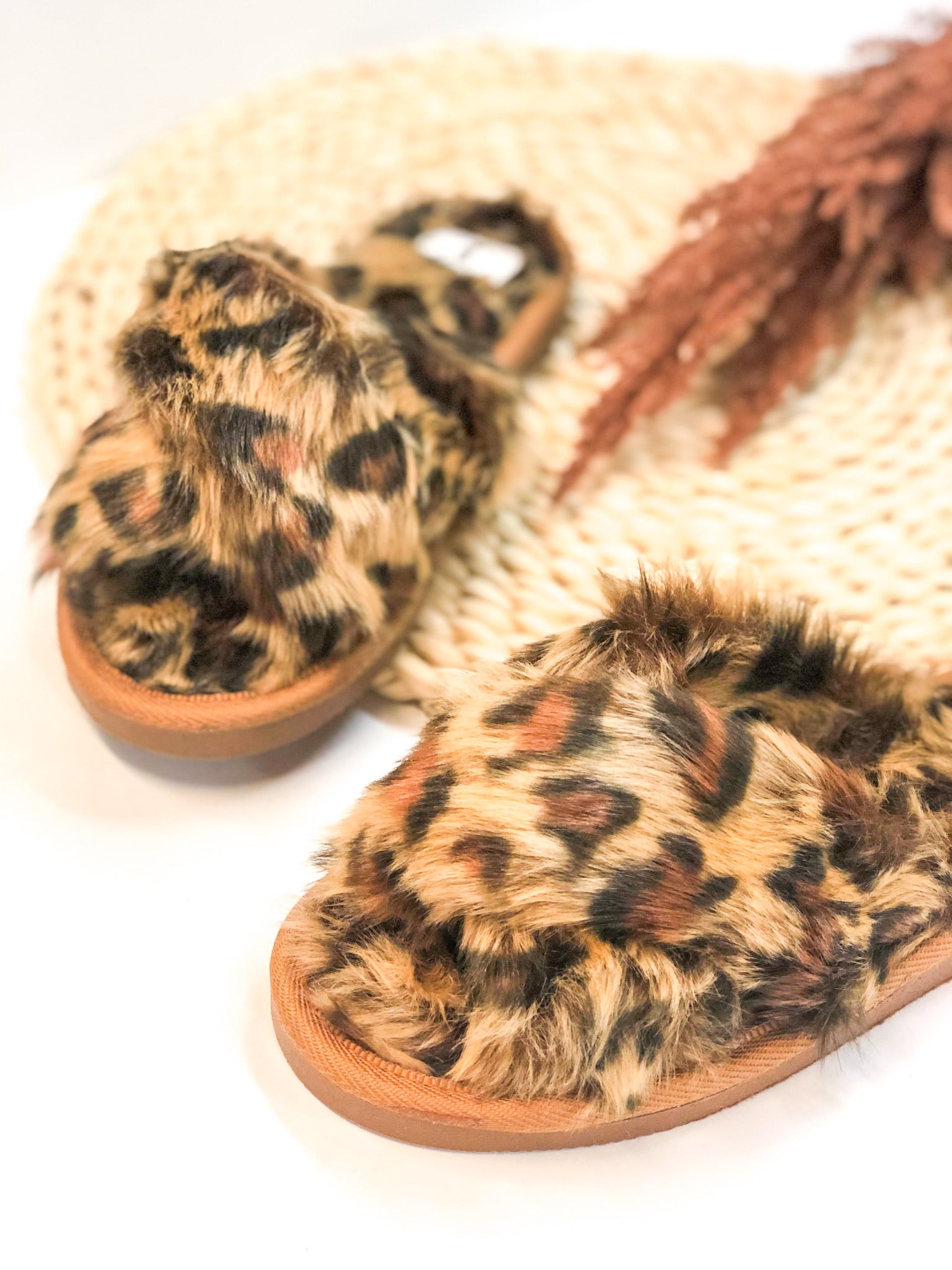Corky's | Slumber Criss Cross Slide On Furry Slippers in Leopard - Giddy Up Glamour Boutique