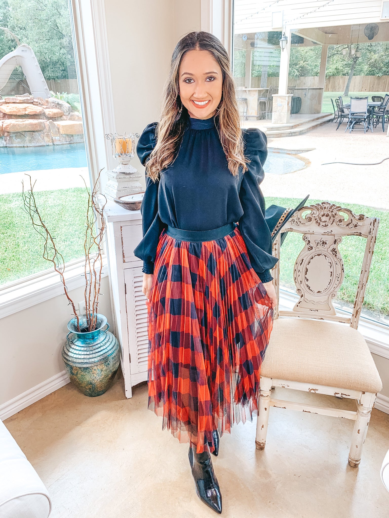 Seasonal Wishes Buffalo Plaid Pleated Tulle Maxi Skirt in Red and Black - Giddy Up Glamour Boutique