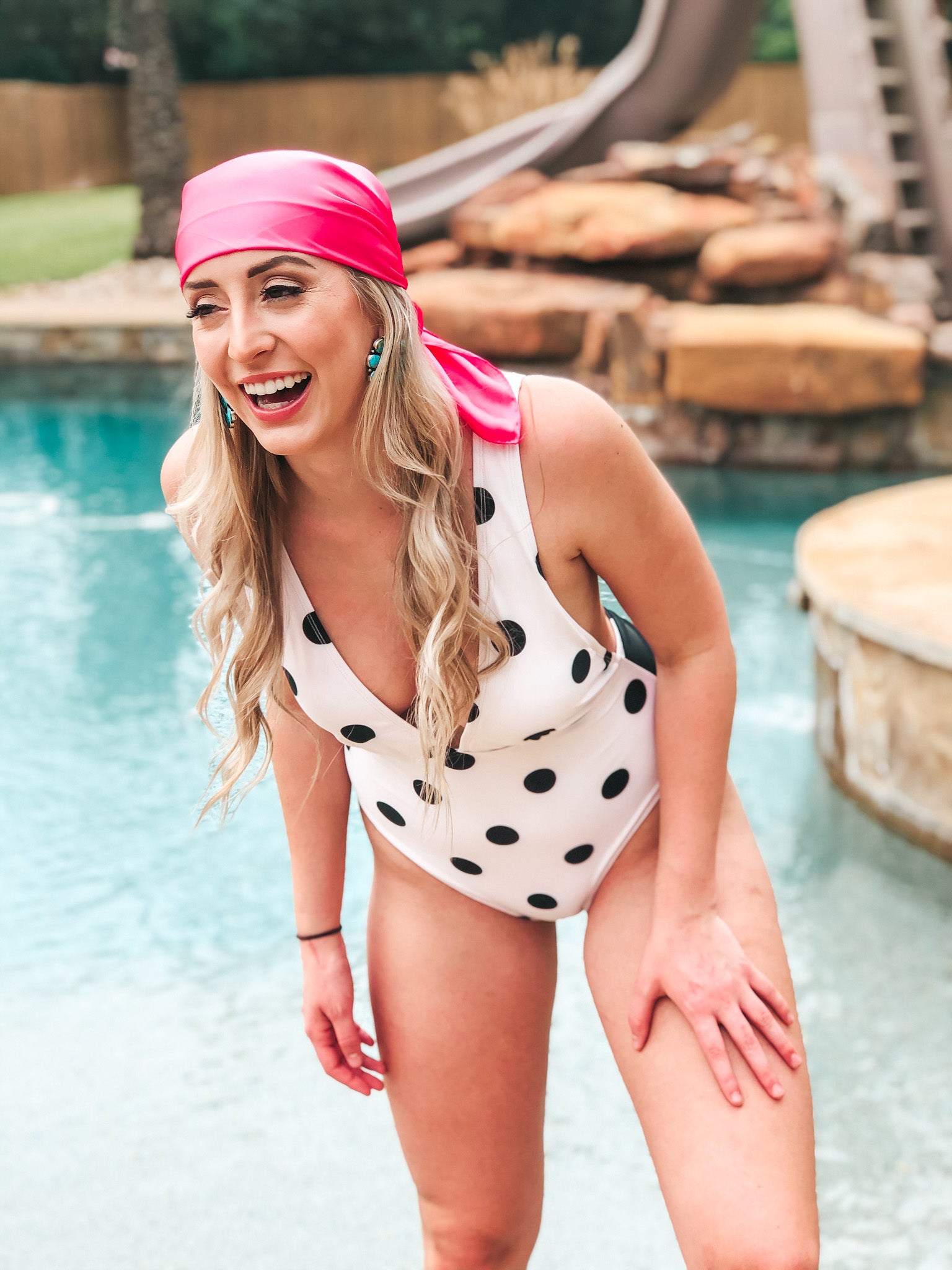 Getting Hotter Deep V Neck Polka Dot One Piece Swimsuit with Tie in Ivory - Giddy Up Glamour Boutique