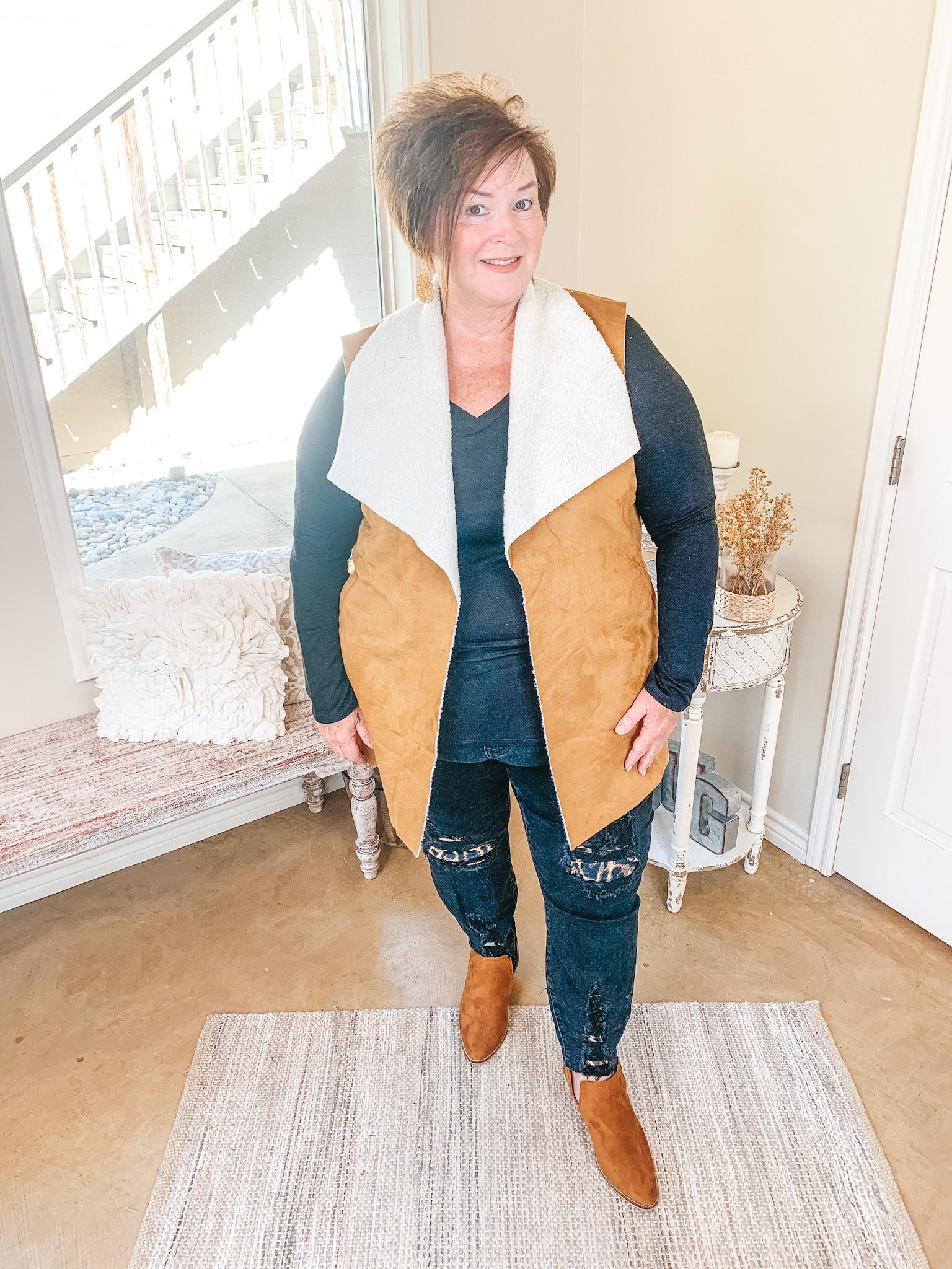 Stylish Vision Faux Buckskin Vest with Sherpa Lining - Giddy Up Glamour Boutique