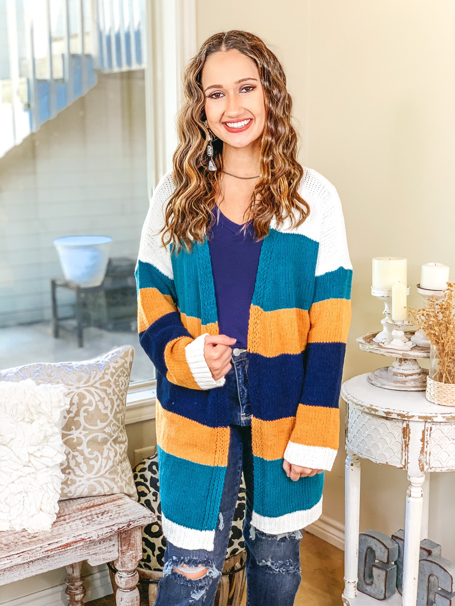 Soft Charm Striped Open Front Cardigan in Teal and Mustard - Giddy Up Glamour Boutique