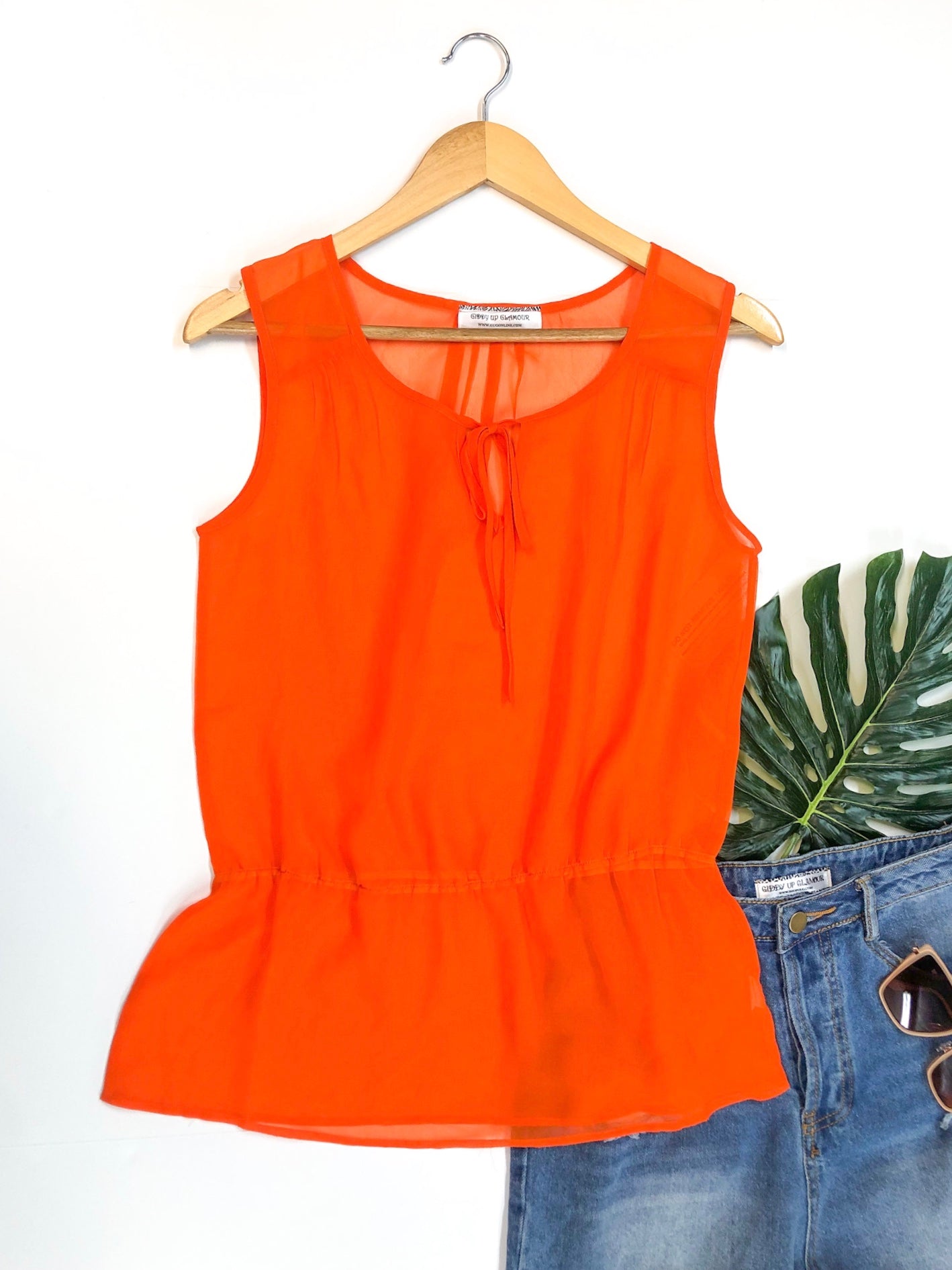 Last Chance Size Large | Sheer Peplum Tank Top with Keyhole Tie in Orange - Giddy Up Glamour Boutique