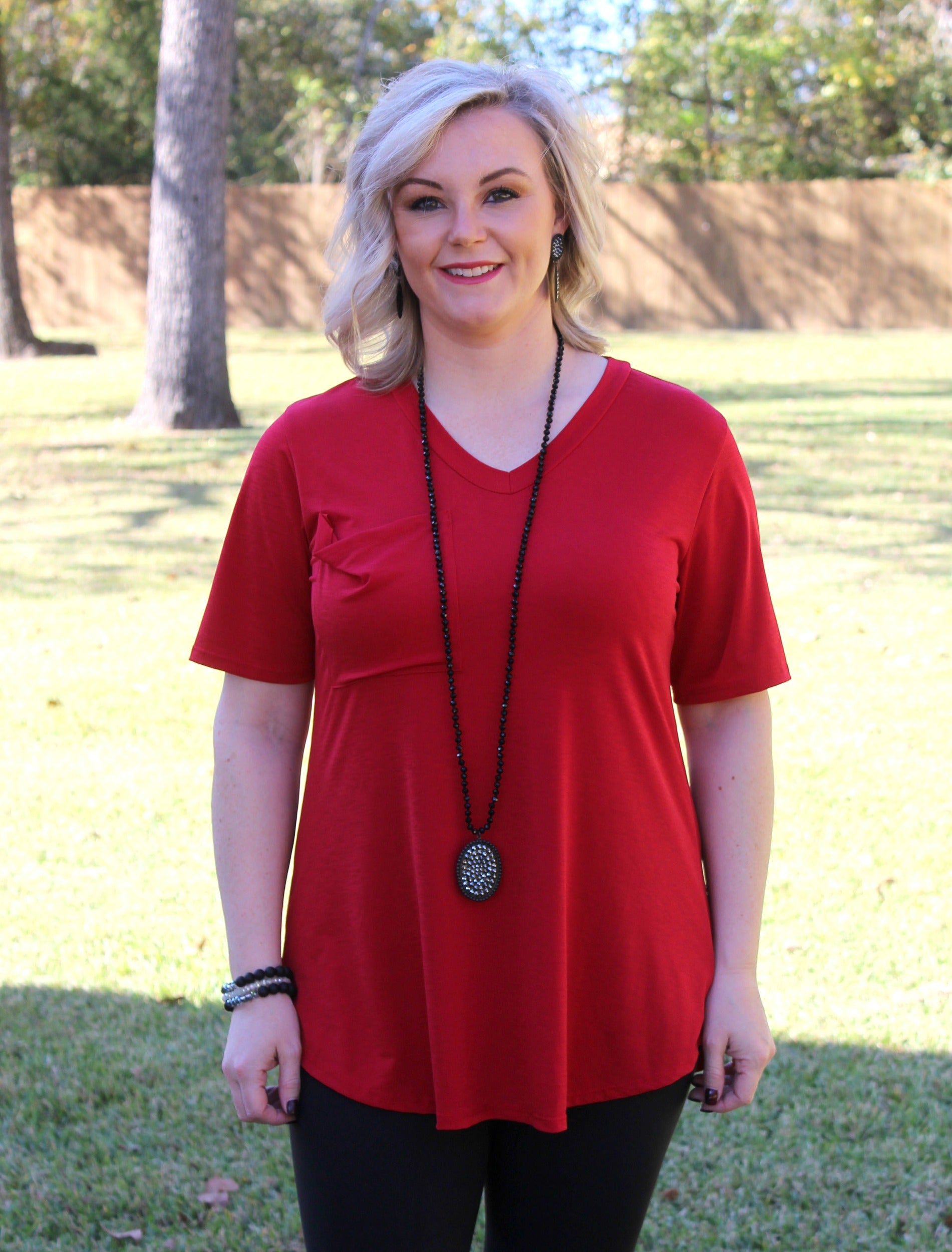 Last Chance Size Small | Just Right Short Sleeve Pocket Tee in Red - Giddy Up Glamour Boutique