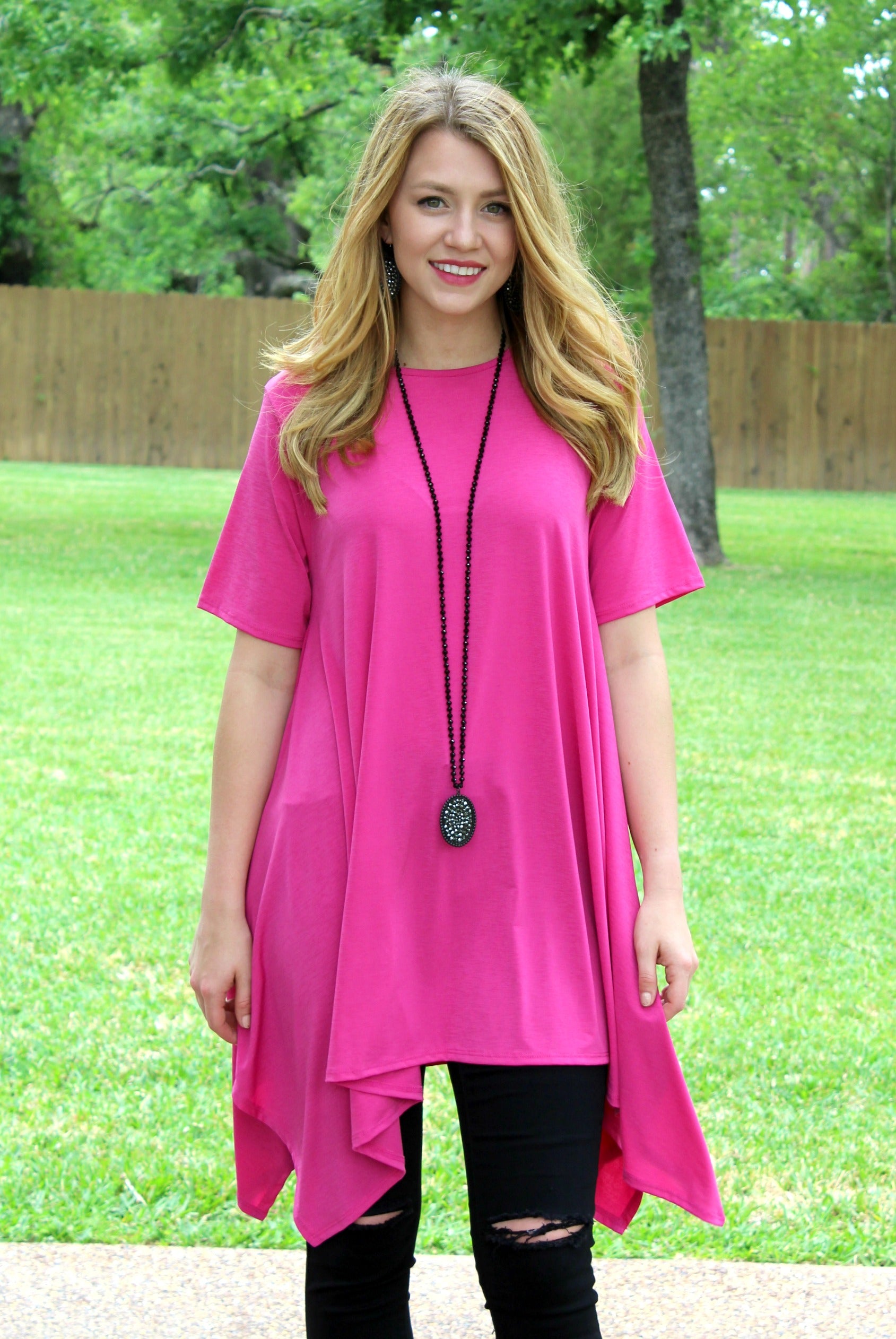 Last Chance Size S & M | Not A Doubt Asymmetrical Hemline Tunic in Hot Pink - Giddy Up Glamour Boutique