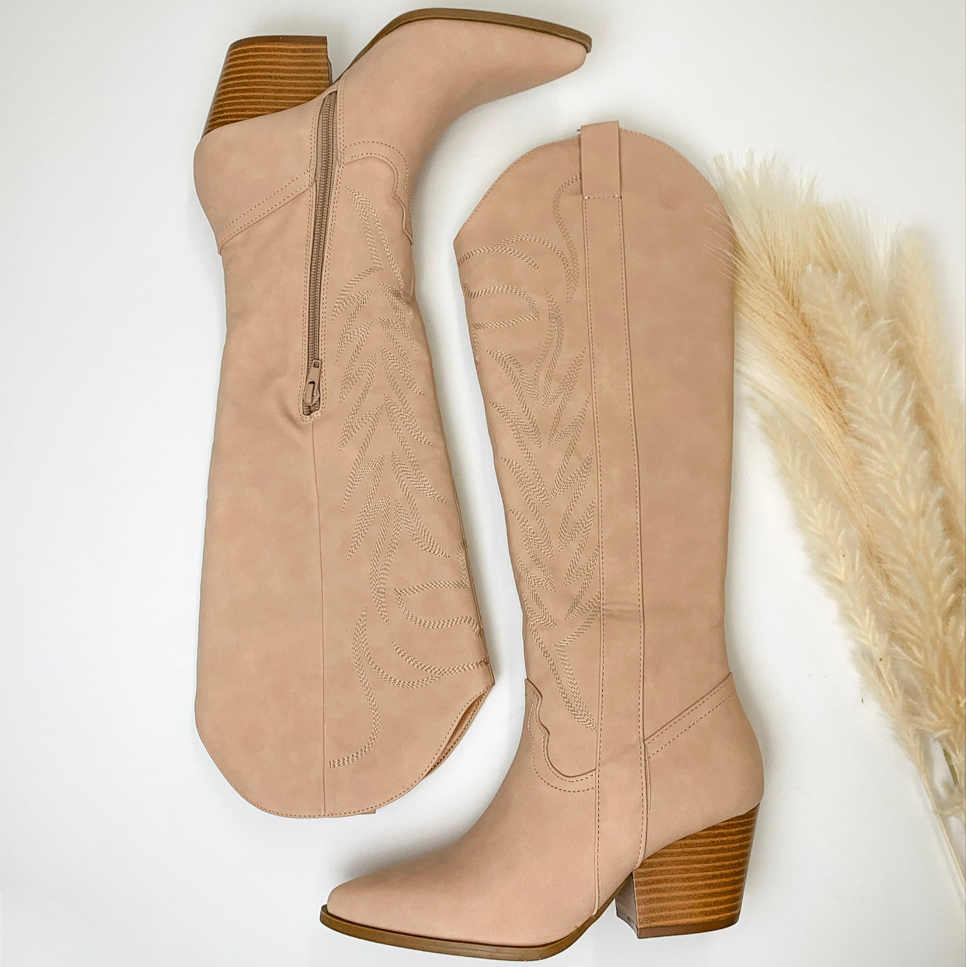 Rodeo Ready Knee High Western Stitch Boots in Nude - Giddy Up Glamour Boutique