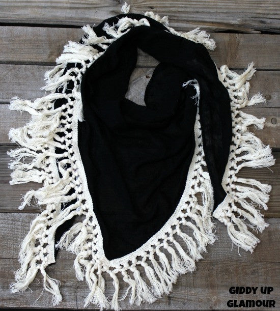 Black Scarf with Ivory Tassel Trim - Giddy Up Glamour Boutique
