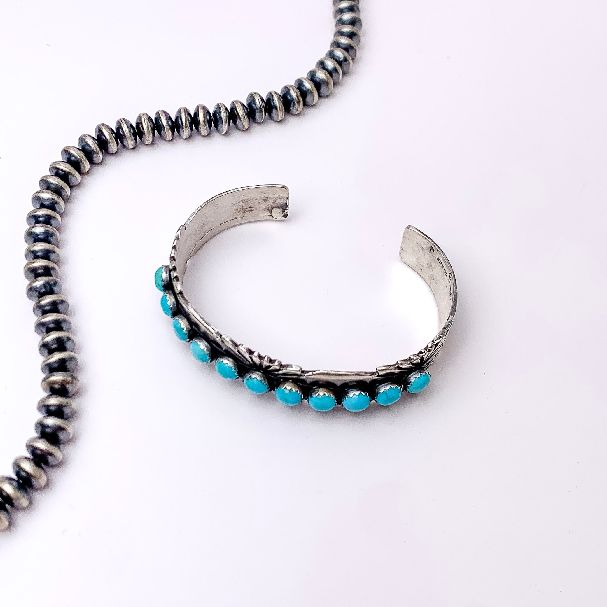 P Yazzie | Navajo Handmade Sterling Silver Cuff With Eleven Small Turquoise Stones - Giddy Up Glamour Boutique