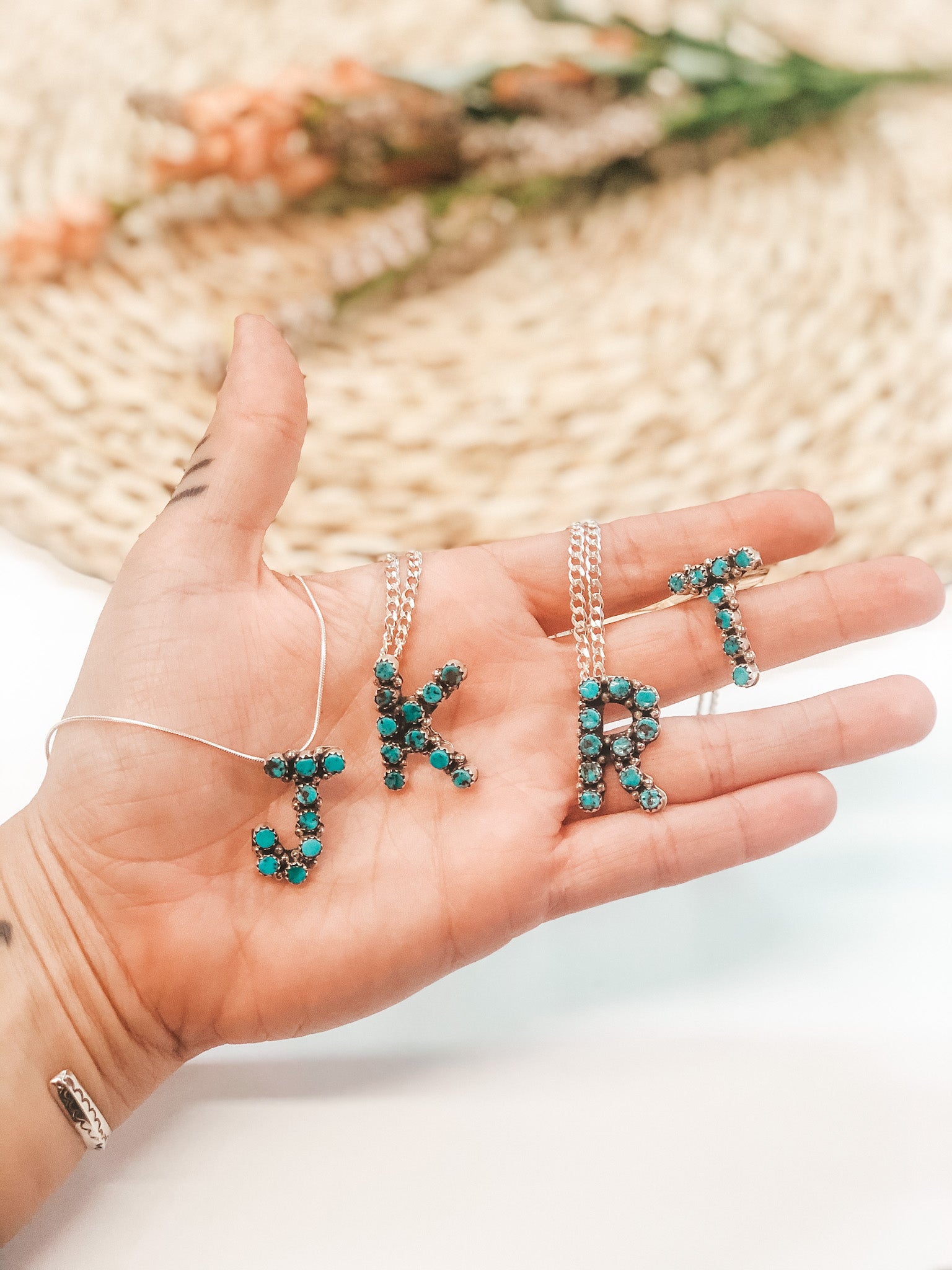 Scott Skeets | Navajo Handmade Sterling Silver and Kingman Turquoise Initial Necklace - Giddy Up Glamour Boutique