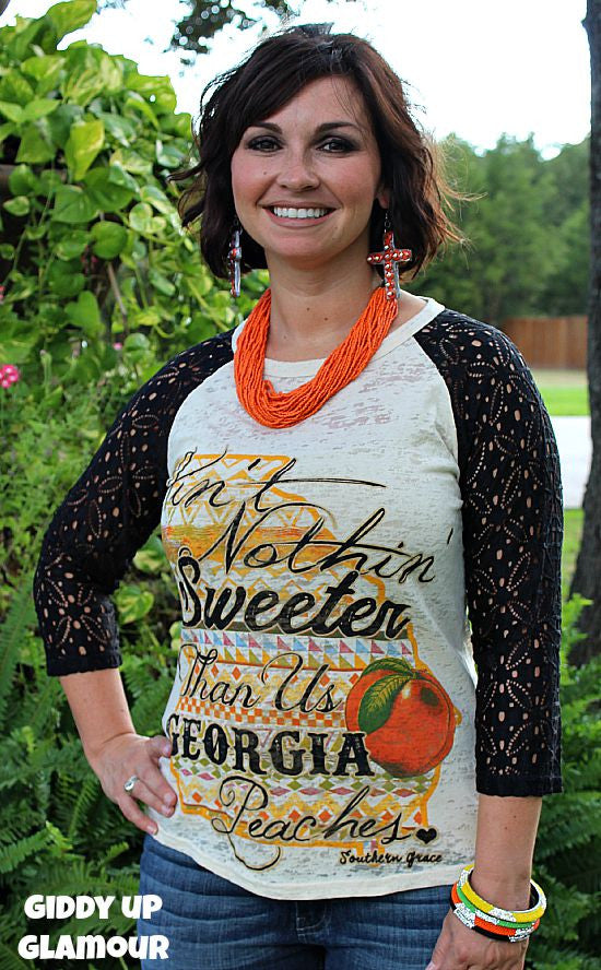 Ain't Nothing Sweeter Than Us Georgia Peaches Baseball Burnout Tee with Black Crochet Lace Sleeves - Giddy Up Glamour Boutique