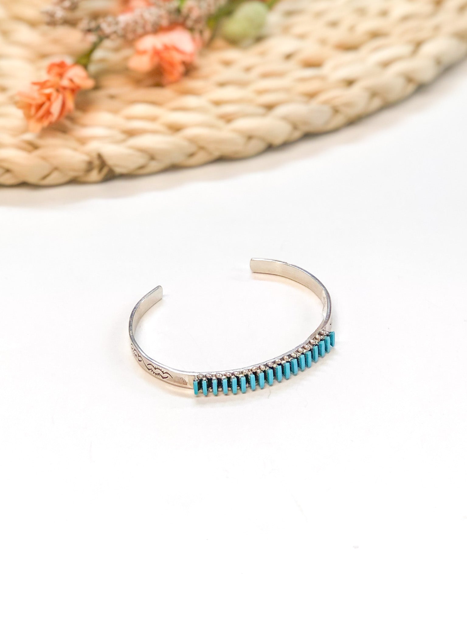 Ray Lastyano | Zuni Handmade Etched Sterling Silver Cuff with Turquoise Stones - Giddy Up Glamour Boutique